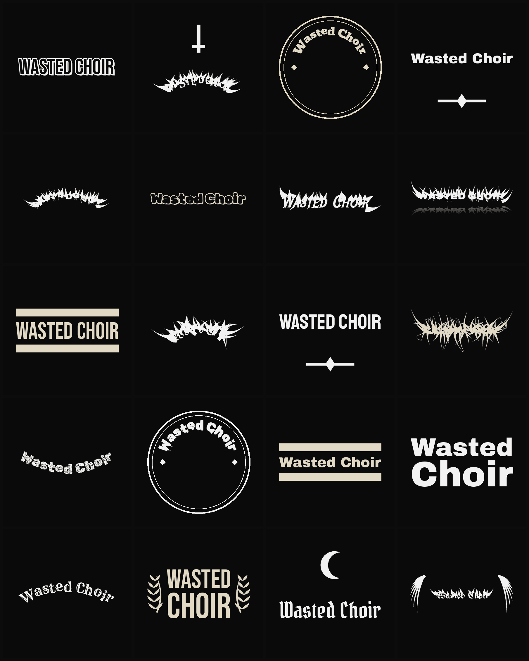Twenty Wasted Choir band logo ideas — different faces, treatments and spike settings