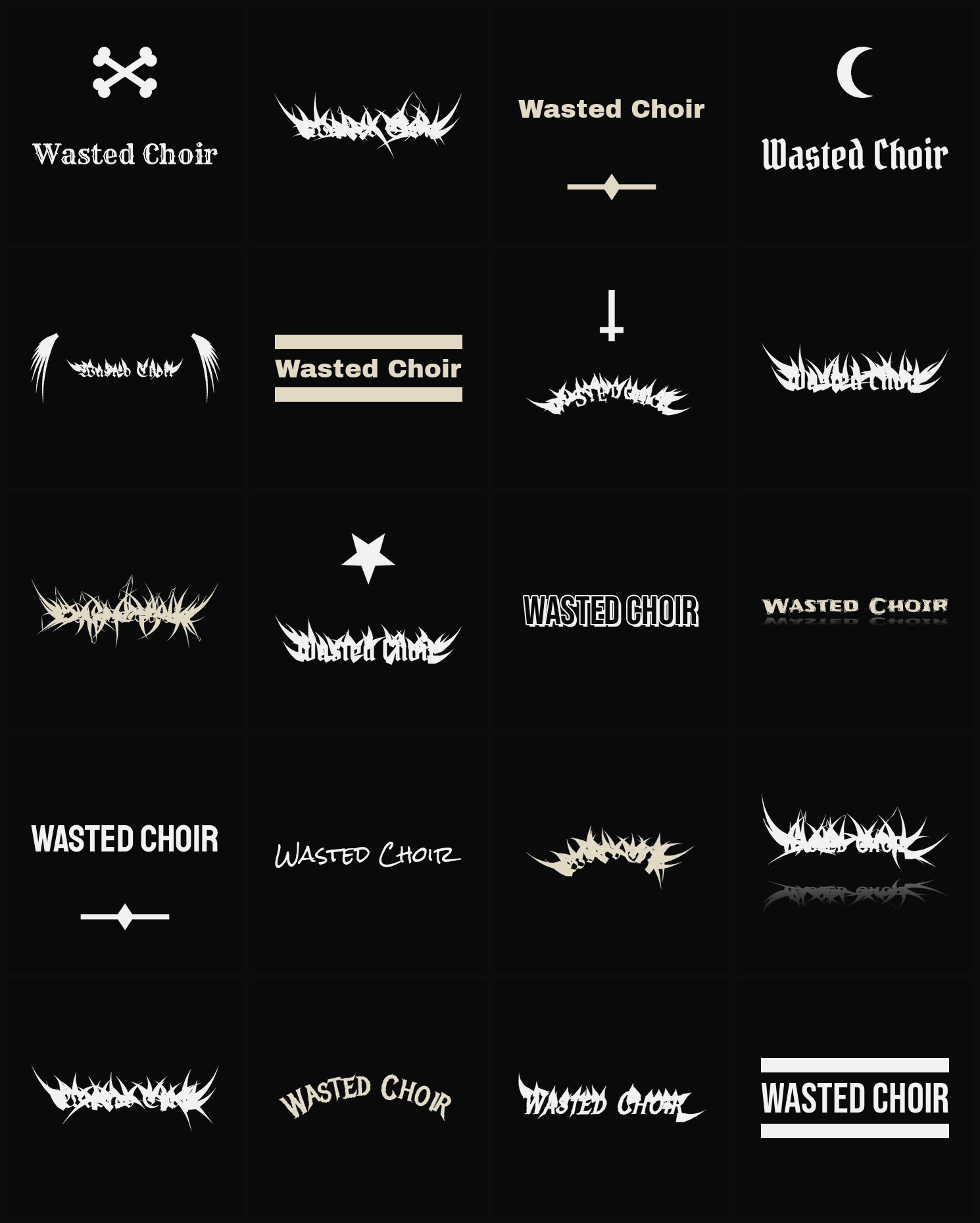 Twenty Wasted Choir band logo ideas — different faces, treatments and spike settings