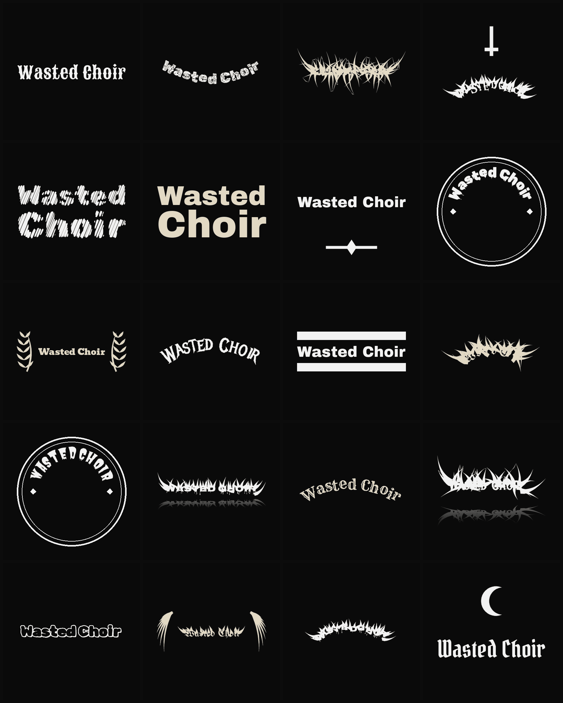 Twenty Wasted Choir band logo ideas — different faces, treatments and spike settings