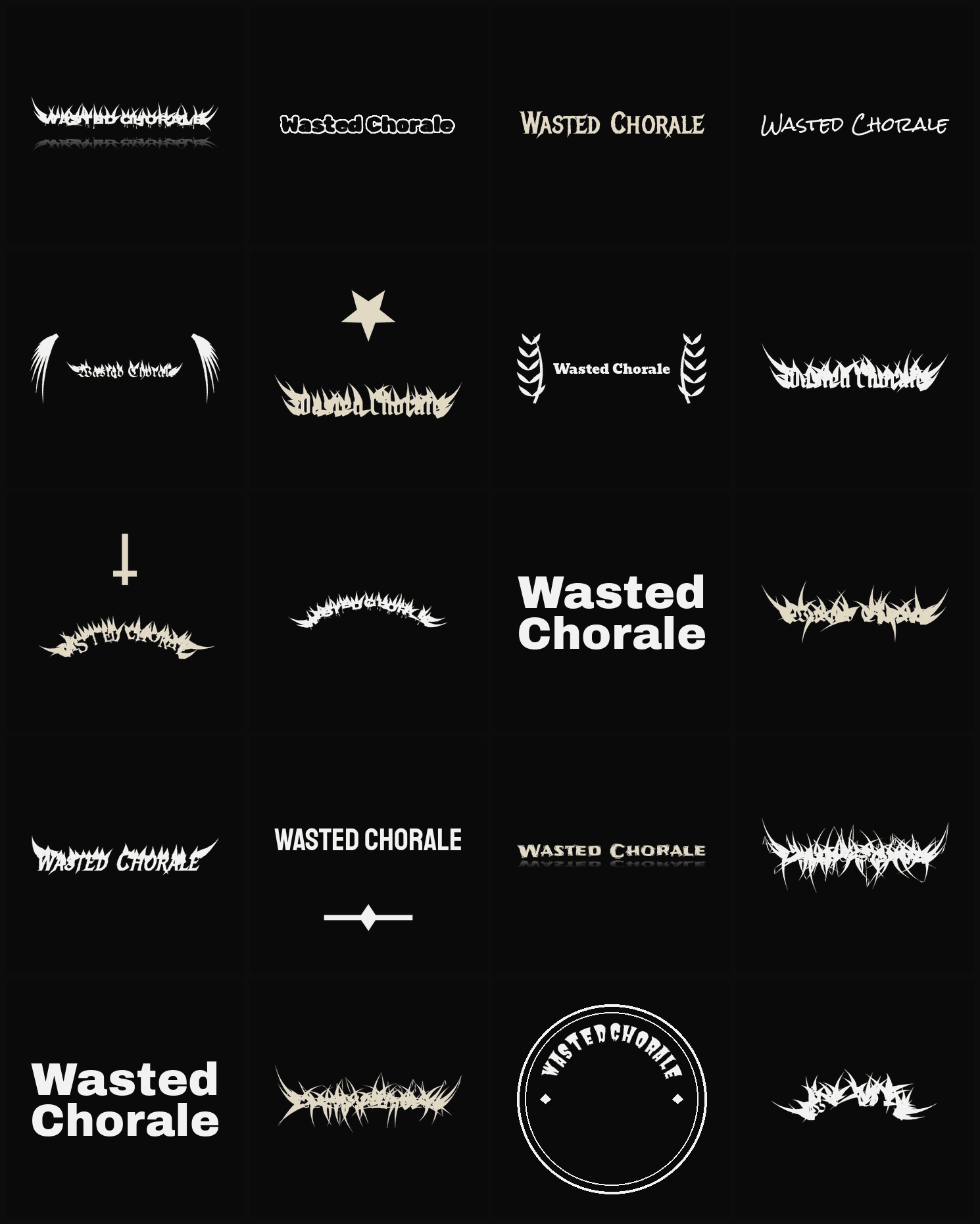 Twenty Wasted Chorale band logo ideas — different faces, treatments and spike settings