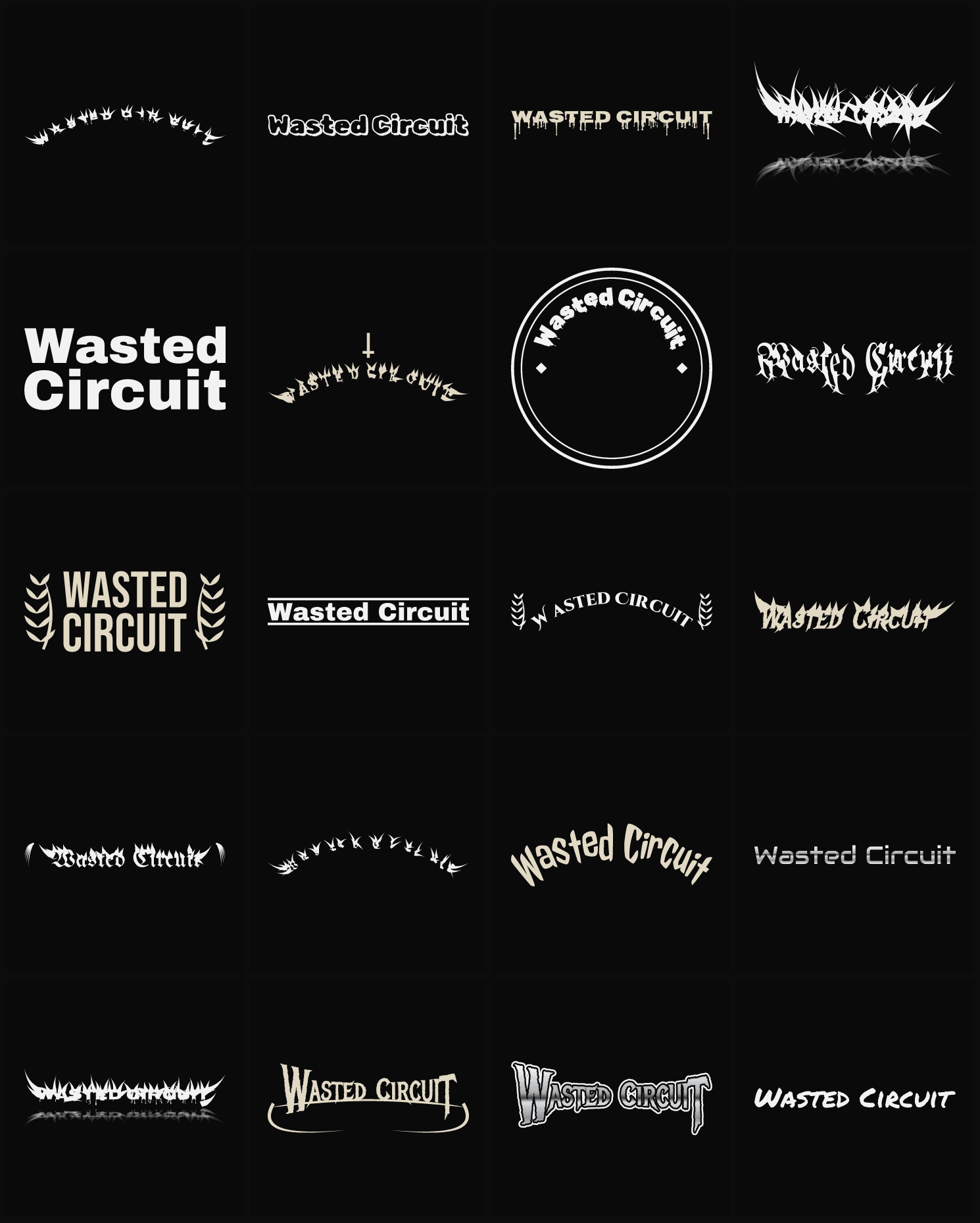 Twenty Wasted Circuit band logo ideas — different faces, treatments and spike settings