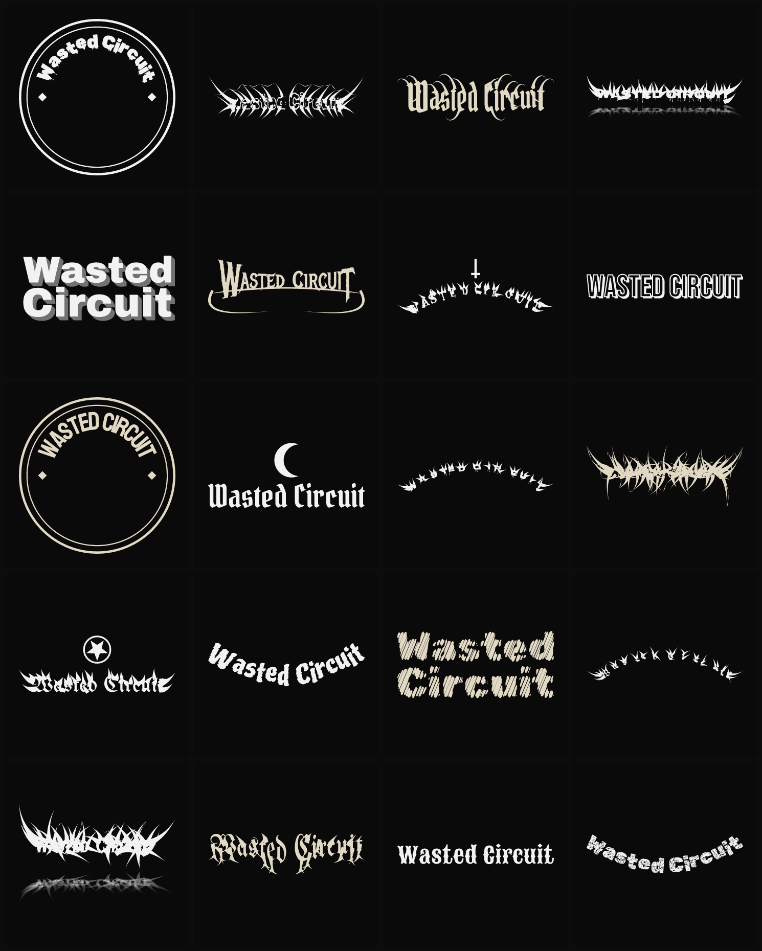 Twenty Wasted Circuit band logo ideas — different faces, treatments and spike settings