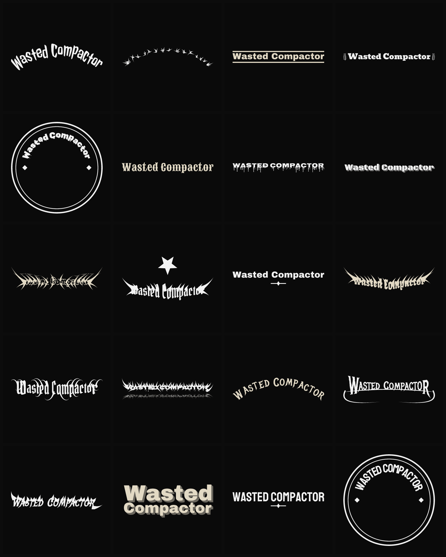 Twenty Wasted Compactor band logo ideas — different faces, treatments and spike settings