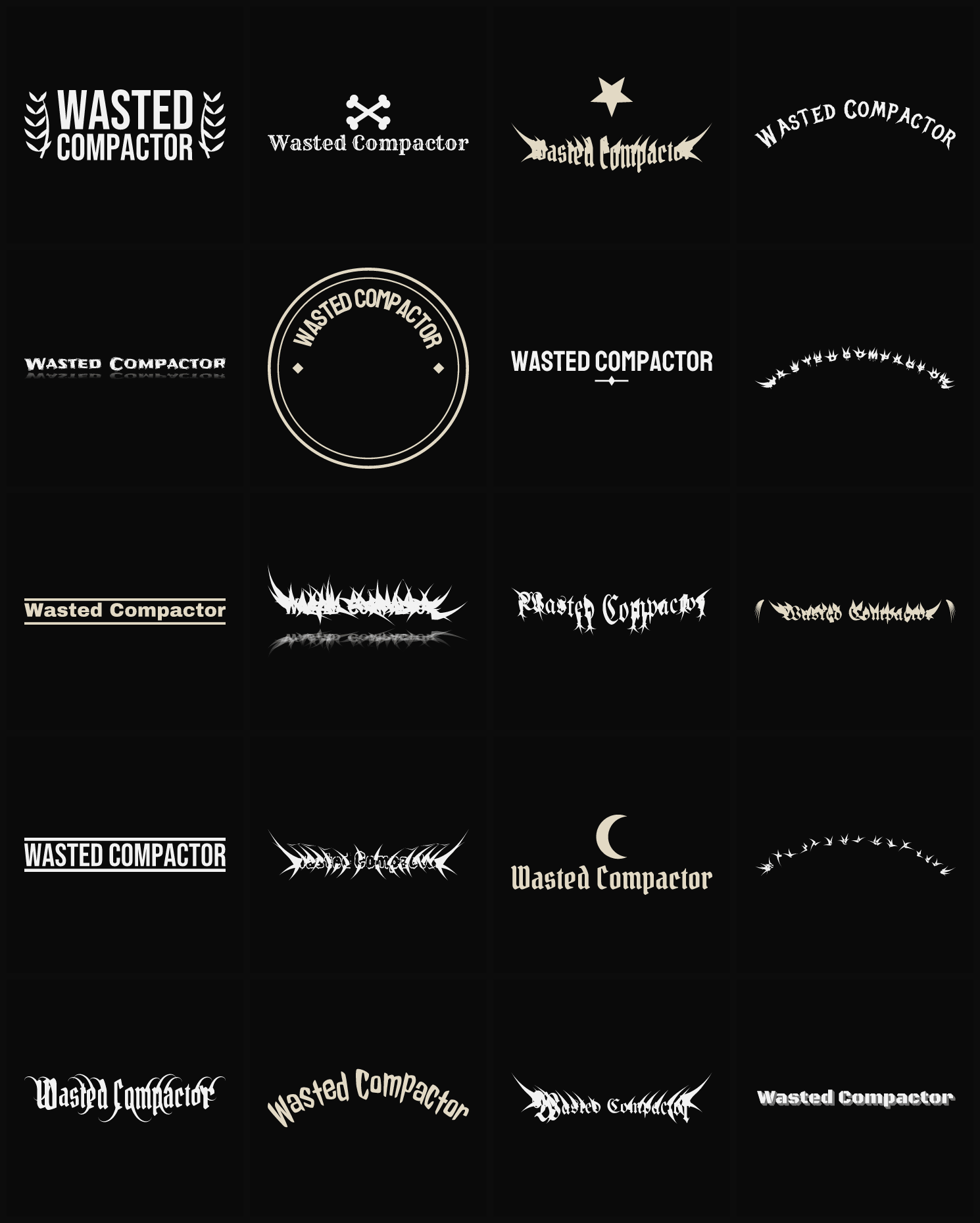 Twenty Wasted Compactor band logo ideas — different faces, treatments and spike settings