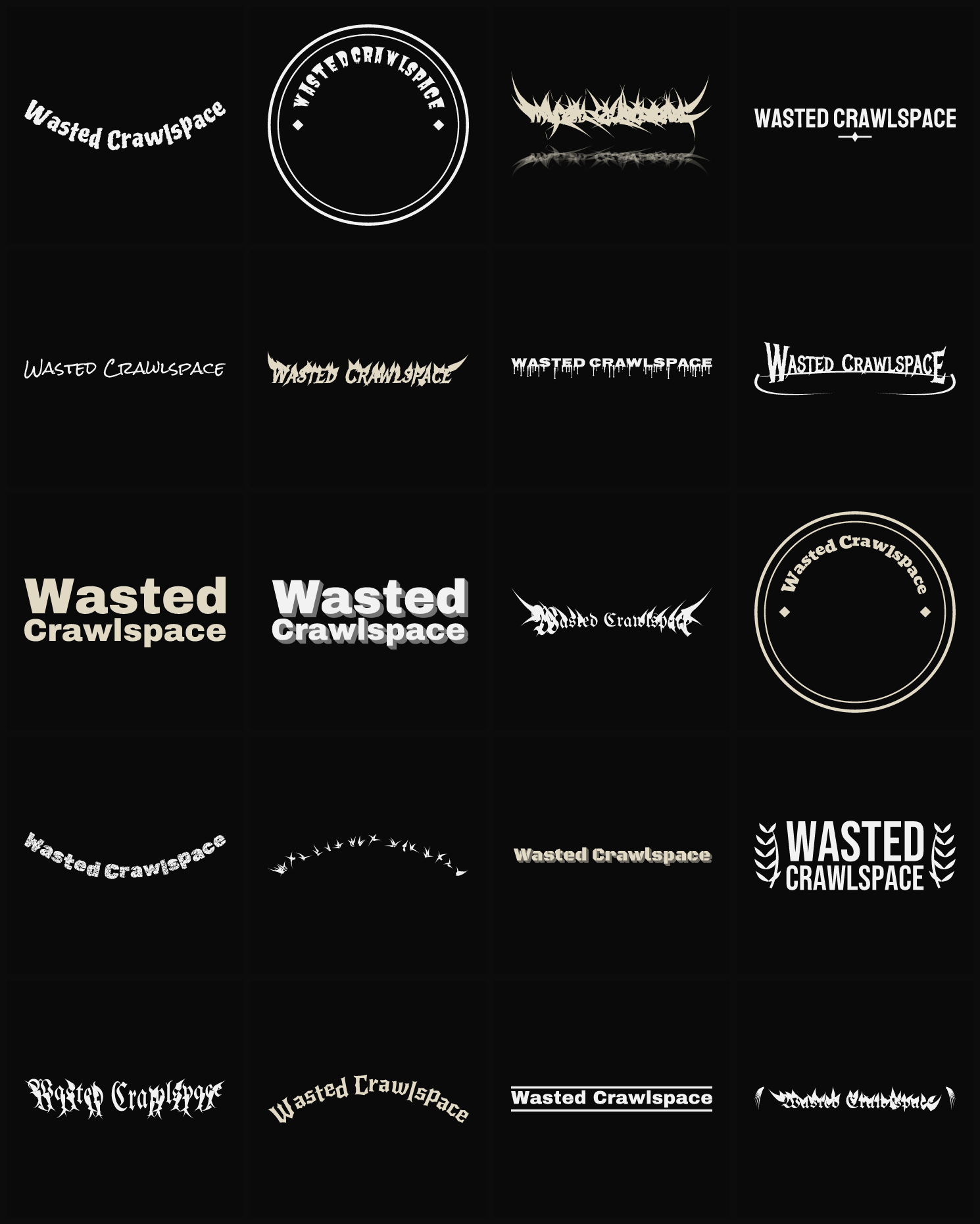 Twenty Wasted Crawlspace band logo ideas — different faces, treatments and spike settings
