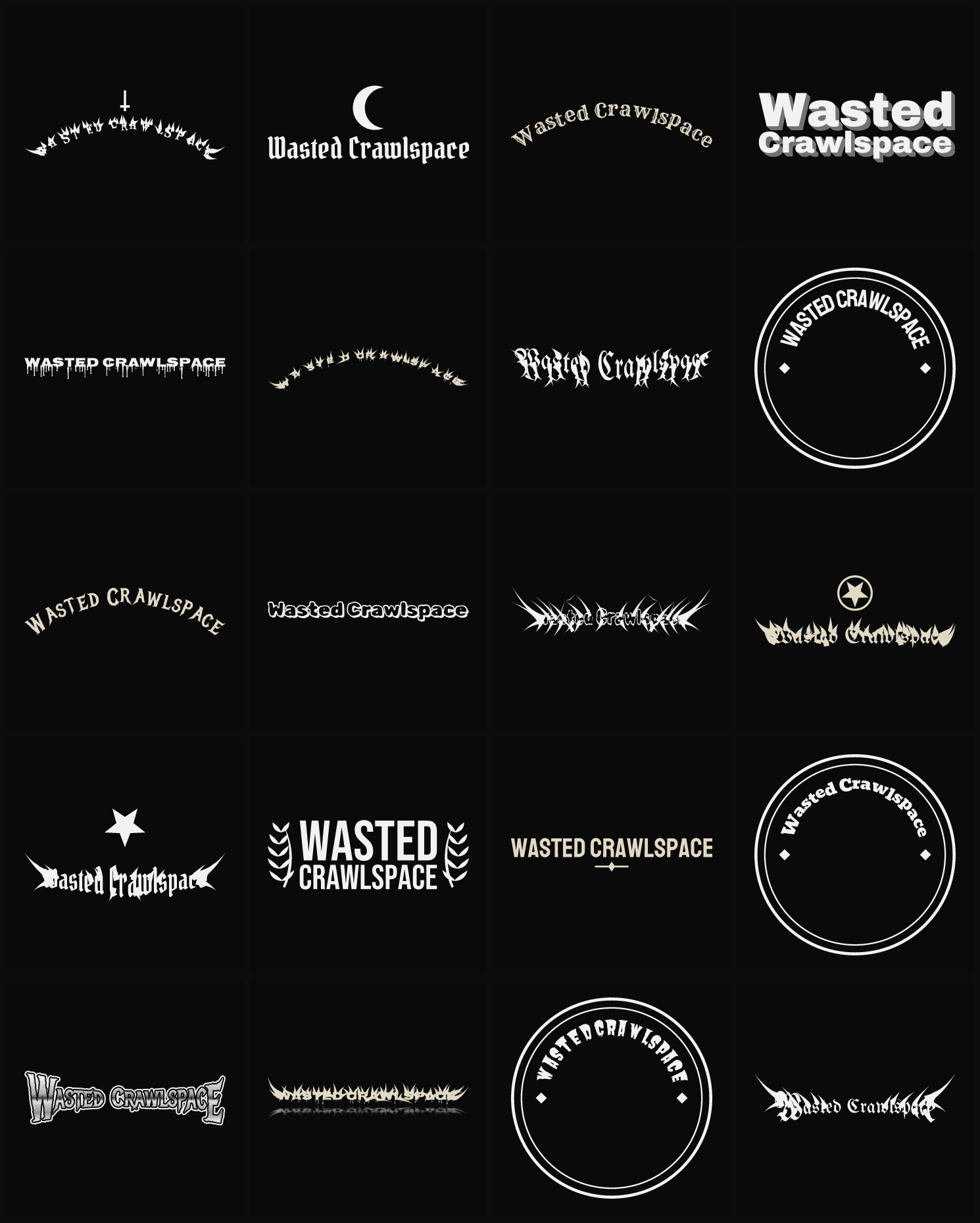 Twenty Wasted Crawlspace band logo ideas — different faces, treatments and spike settings