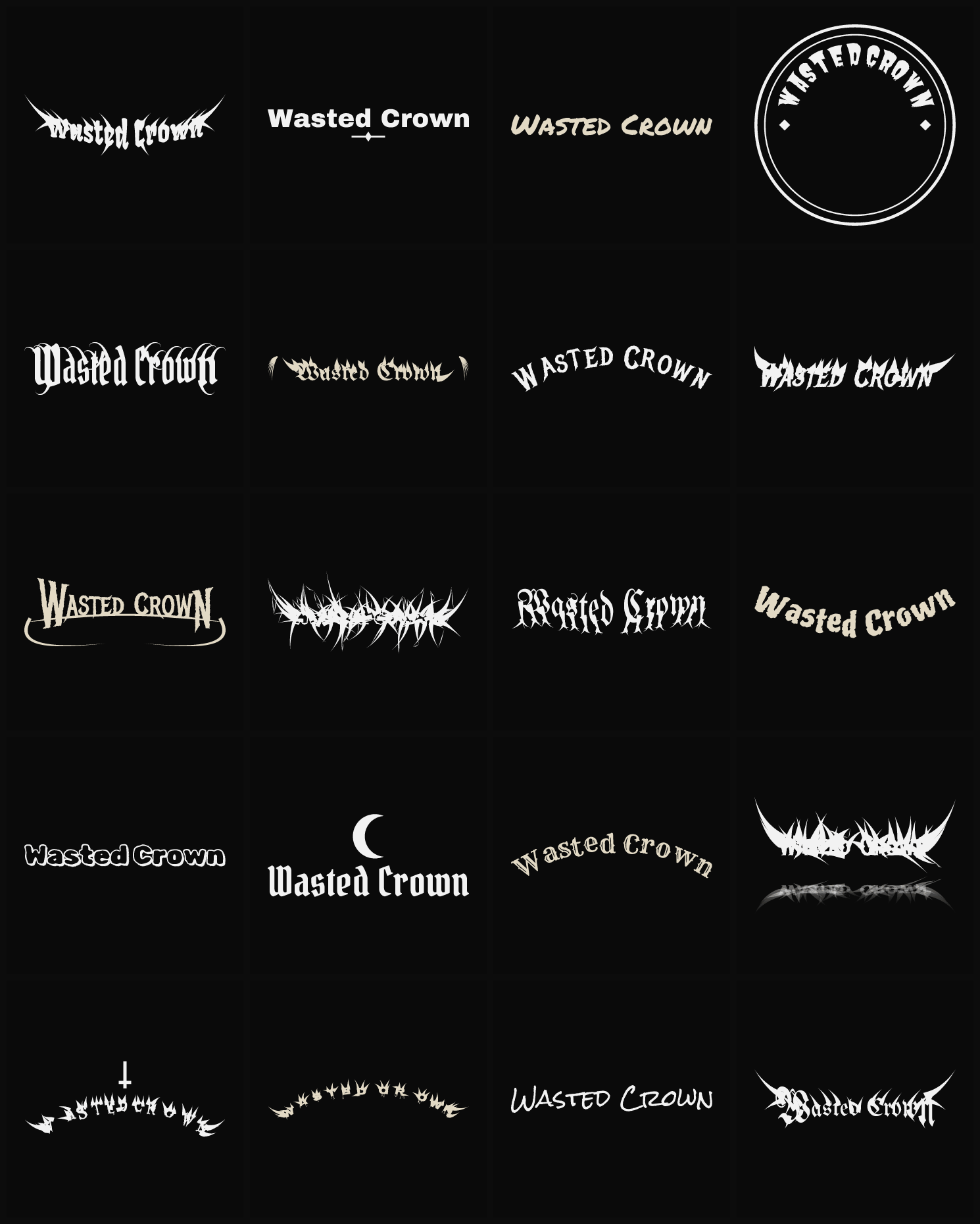 Twenty Wasted Crown band logo ideas — different faces, treatments and spike settings