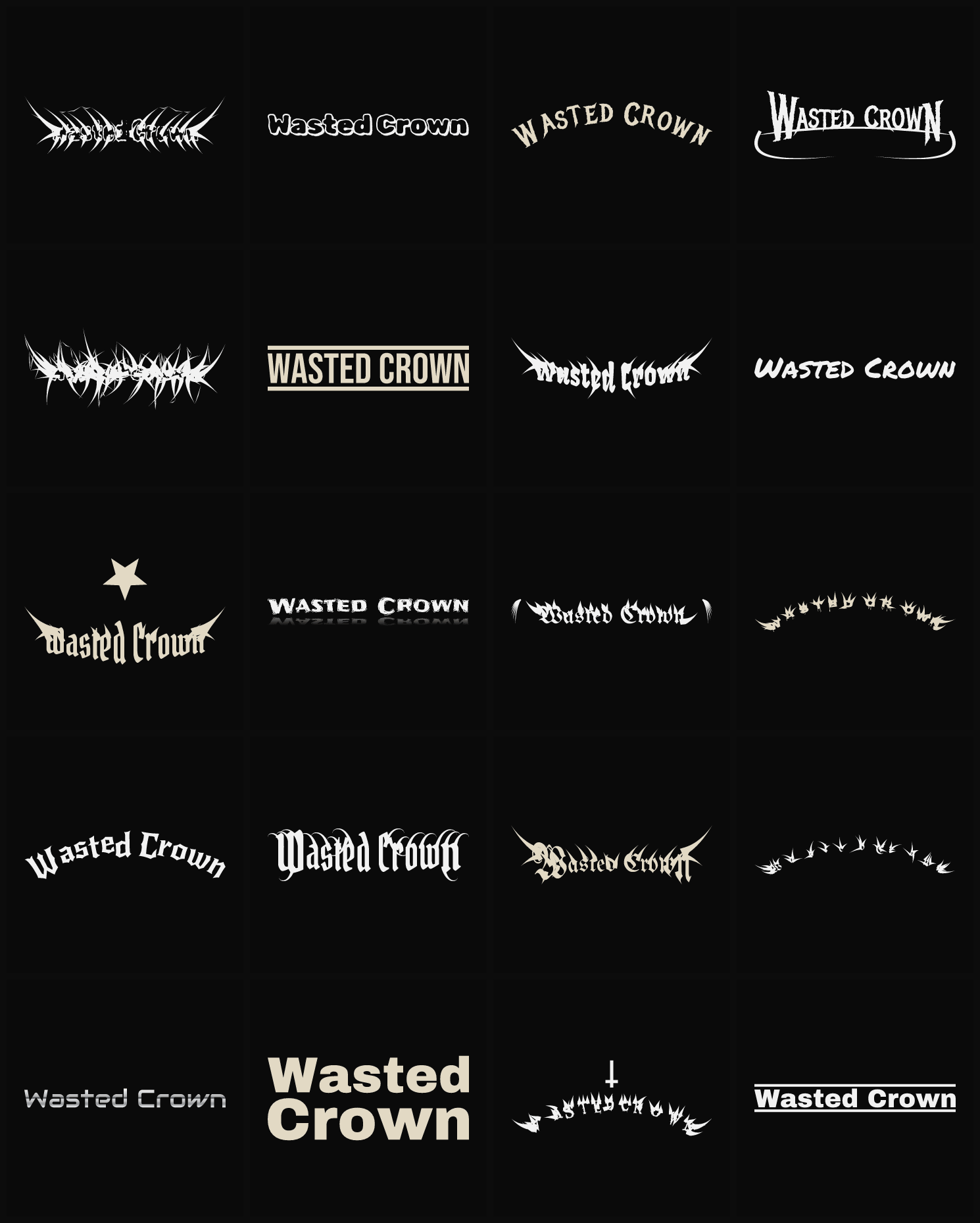 Twenty Wasted Crown band logo ideas — different faces, treatments and spike settings