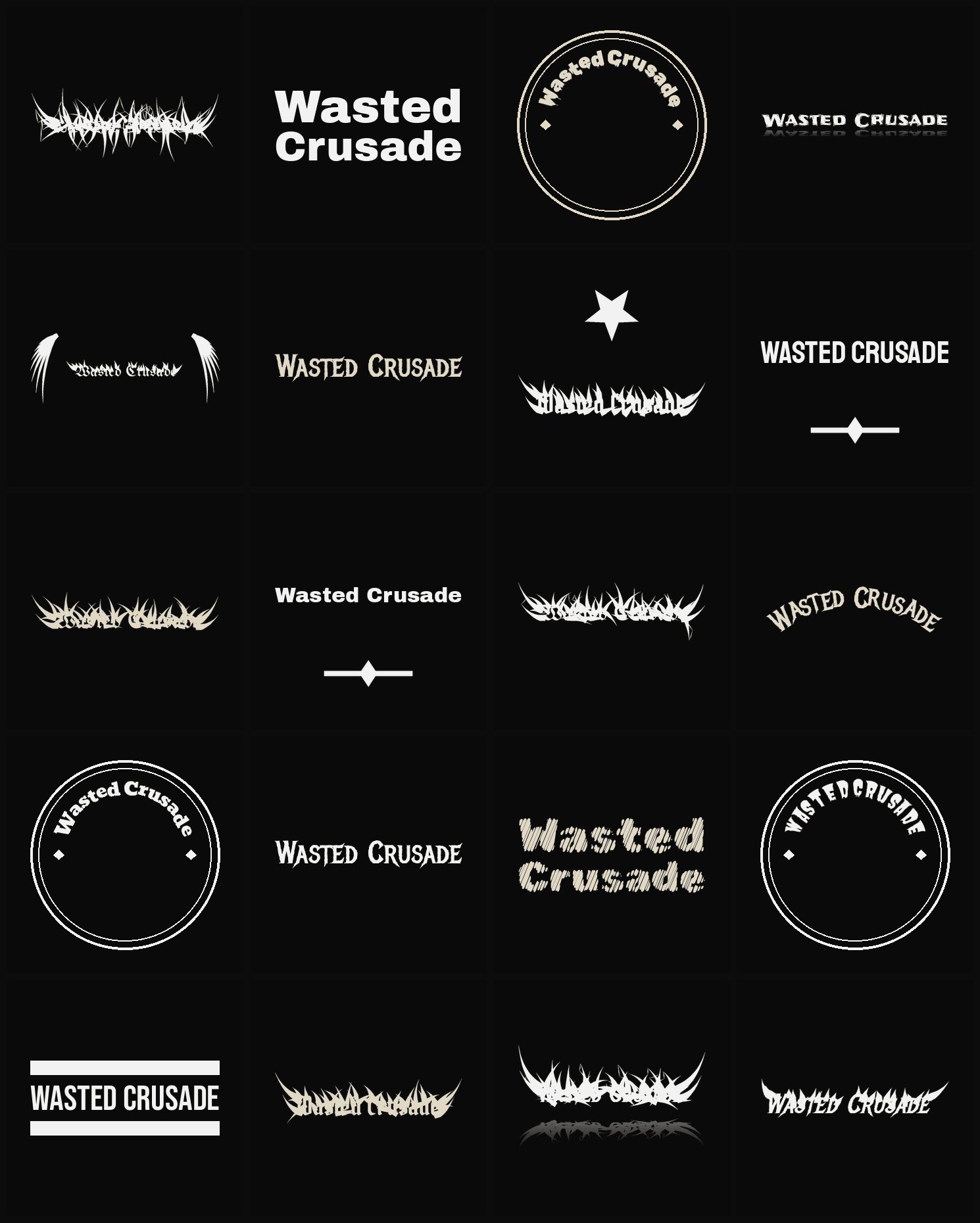 Twenty Wasted Crusade band logo ideas — different faces, treatments and spike settings