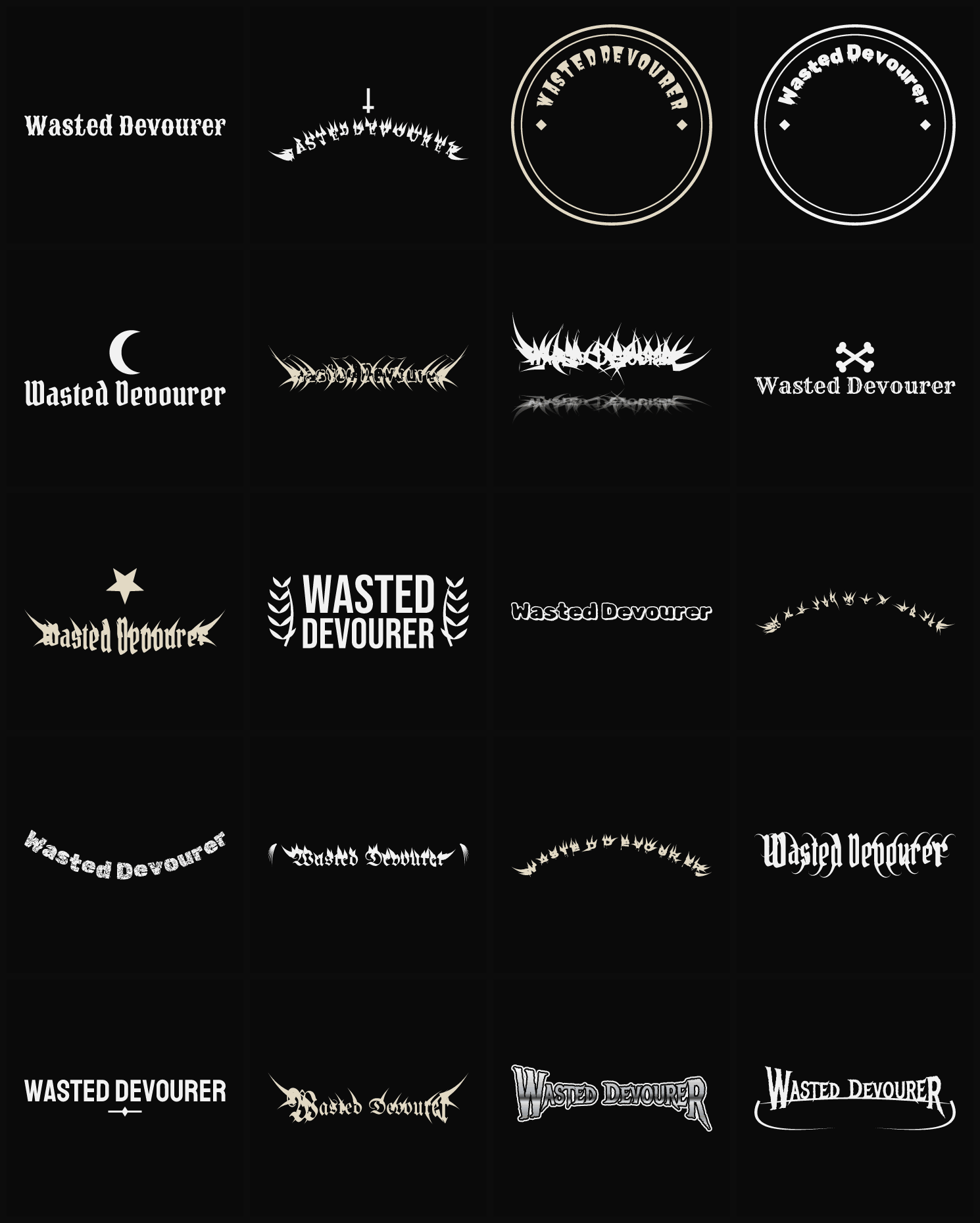 Twenty Wasted Devourer band logo ideas — different faces, treatments and spike settings