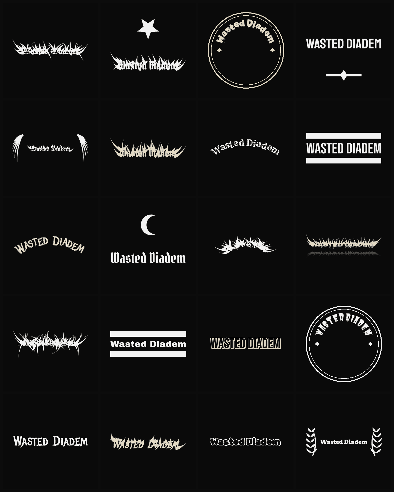 Twenty Wasted Diadem band logo ideas — different faces, treatments and spike settings