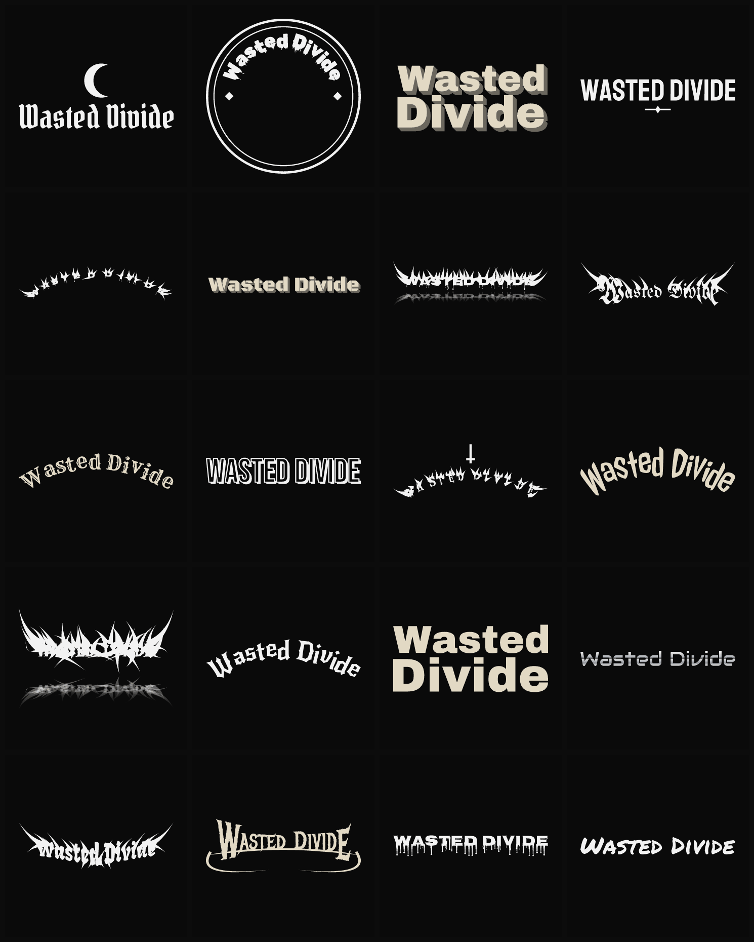 Twenty Wasted Divide band logo ideas — different faces, treatments and spike settings