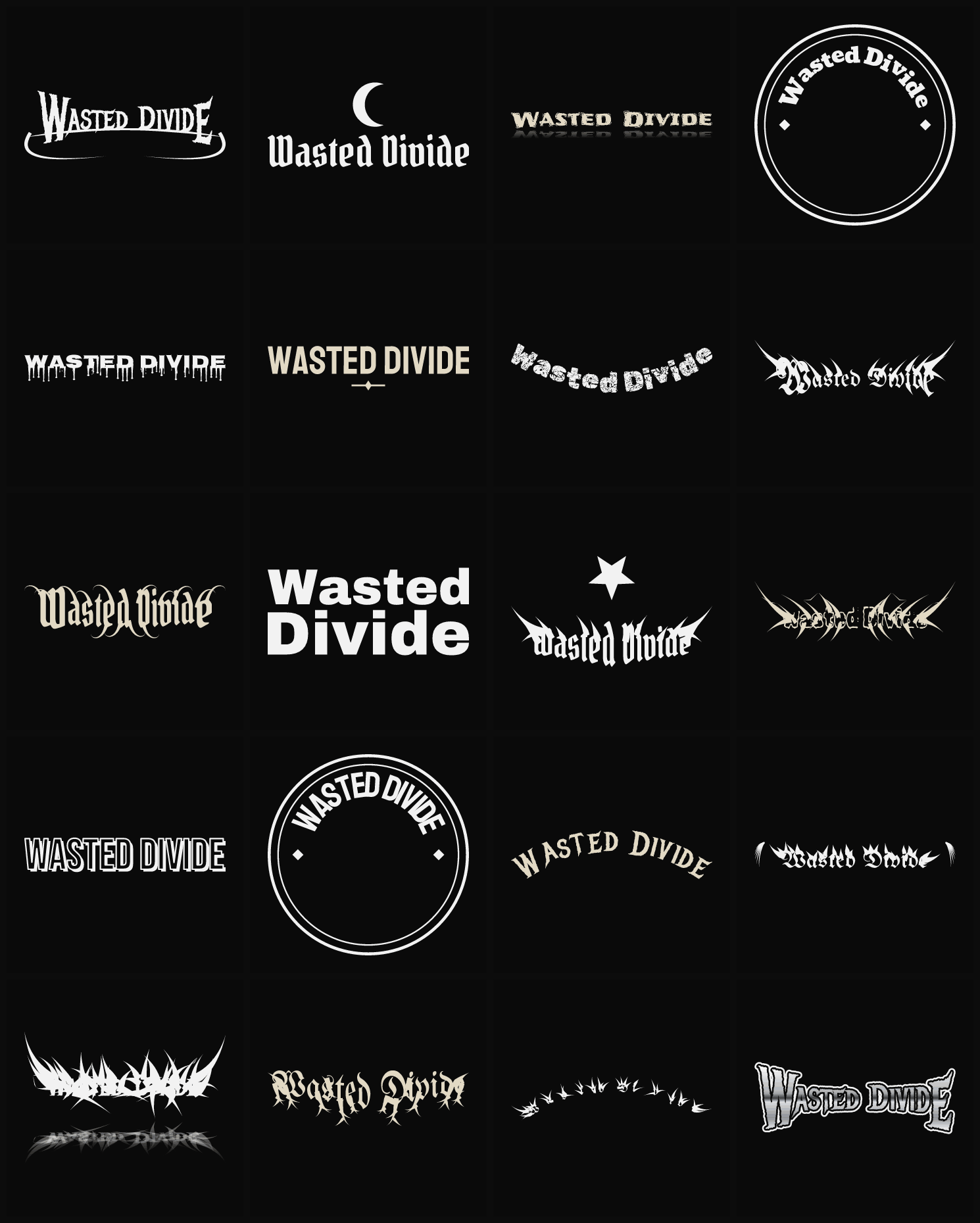 Twenty Wasted Divide band logo ideas — different faces, treatments and spike settings