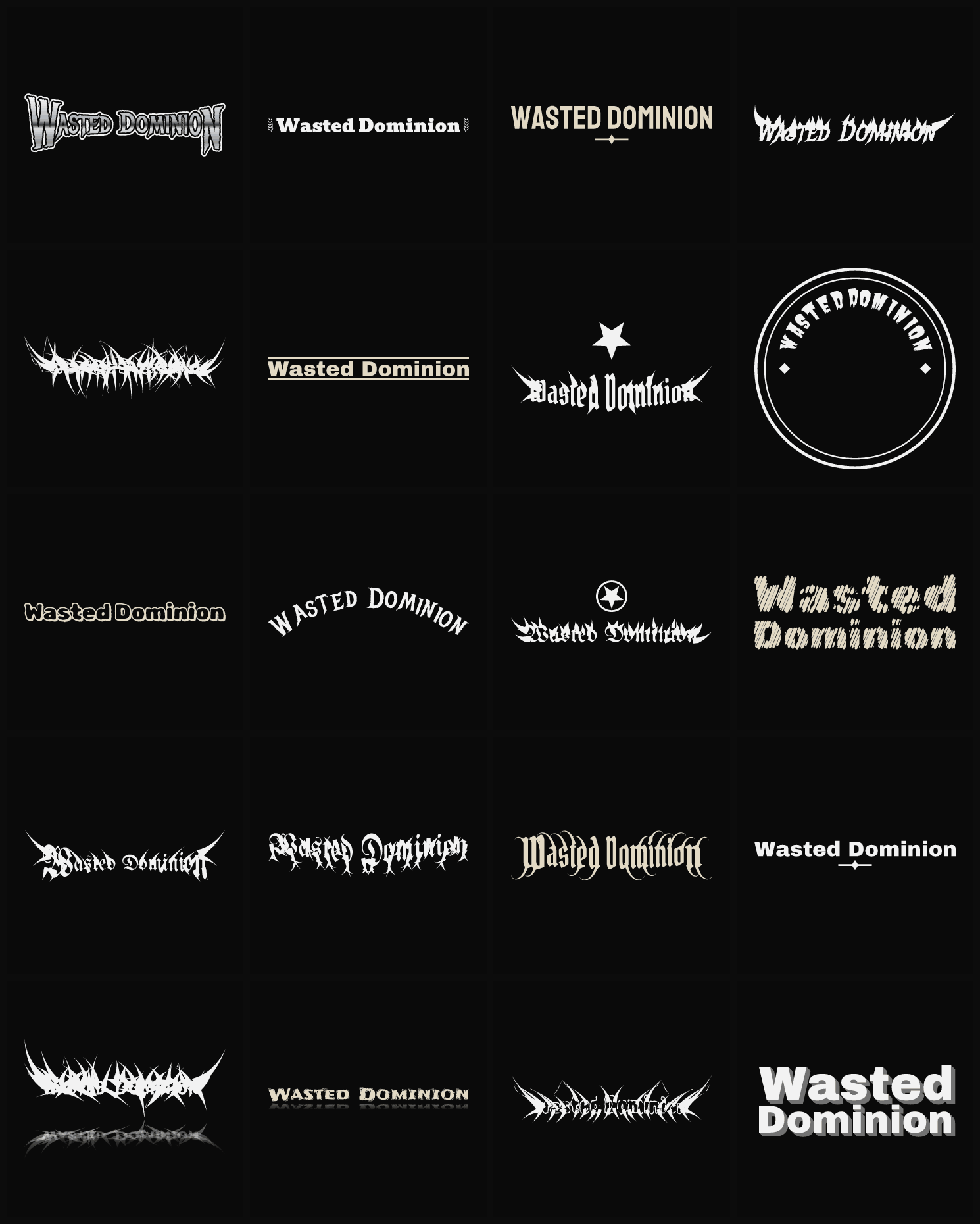 Twenty Wasted Dominion band logo ideas — different faces, treatments and spike settings