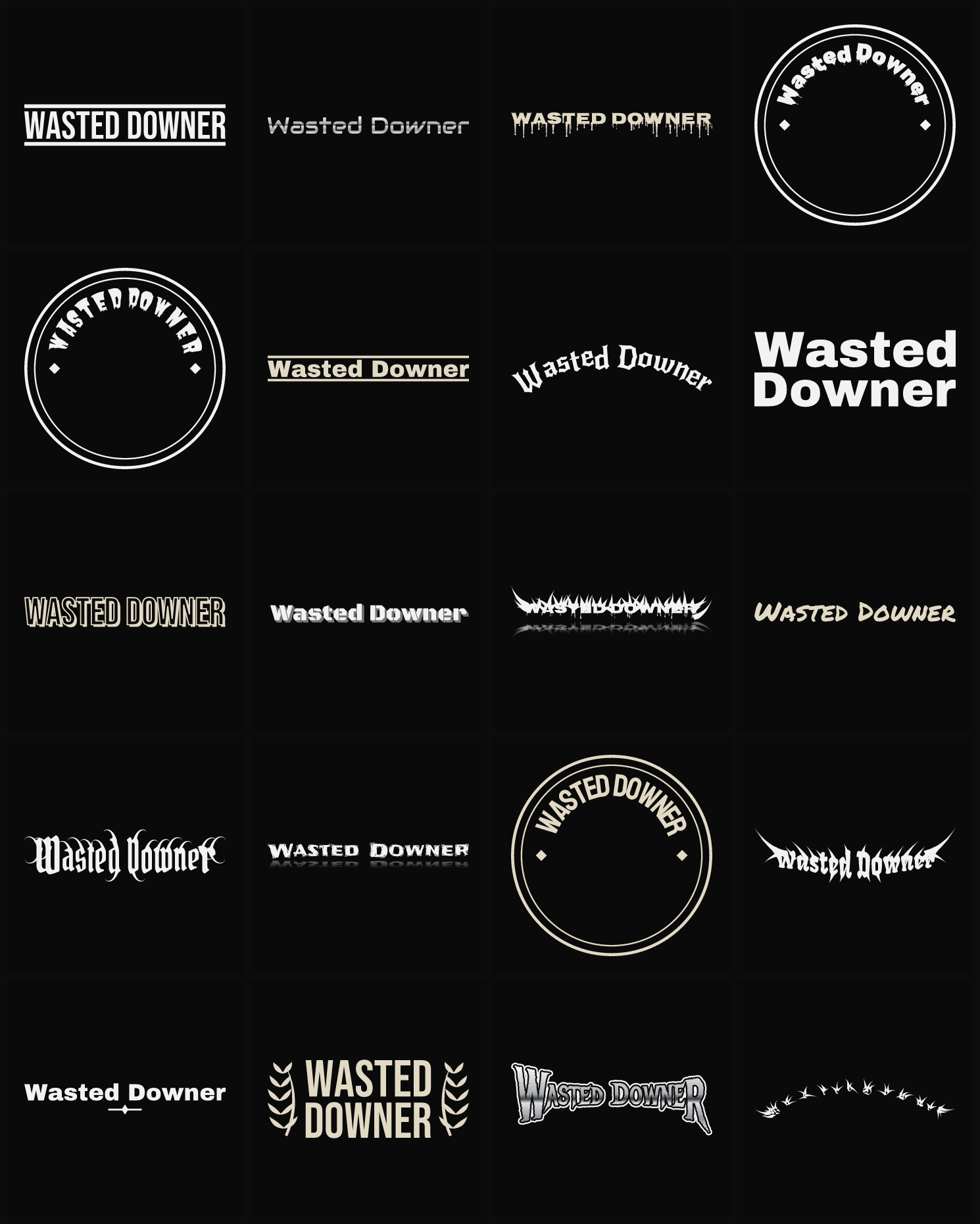 Twenty Wasted Downer band logo ideas — different faces, treatments and spike settings