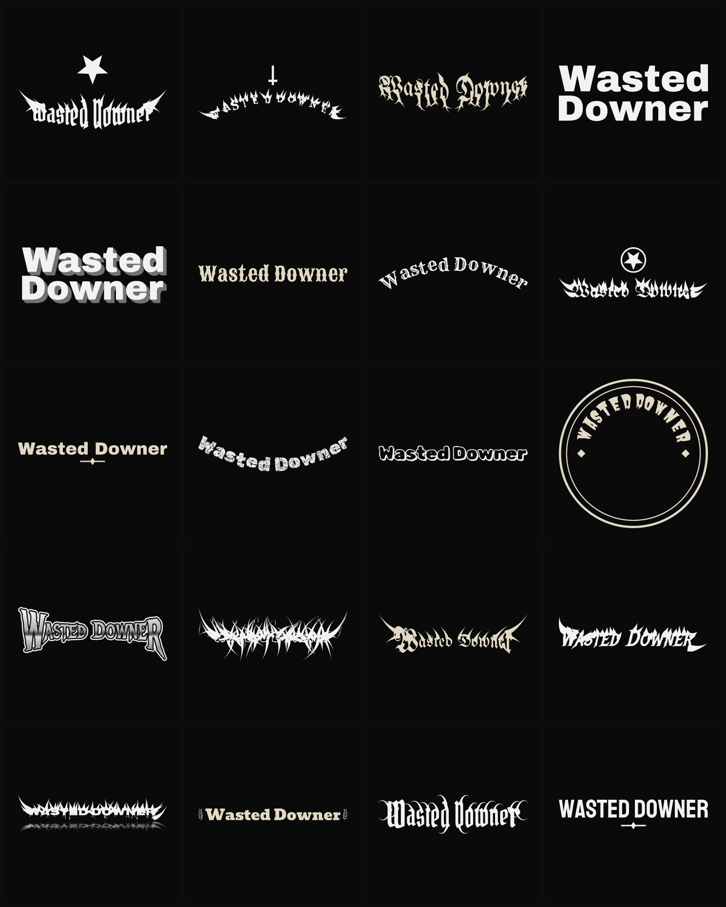 Twenty Wasted Downer band logo ideas — different faces, treatments and spike settings