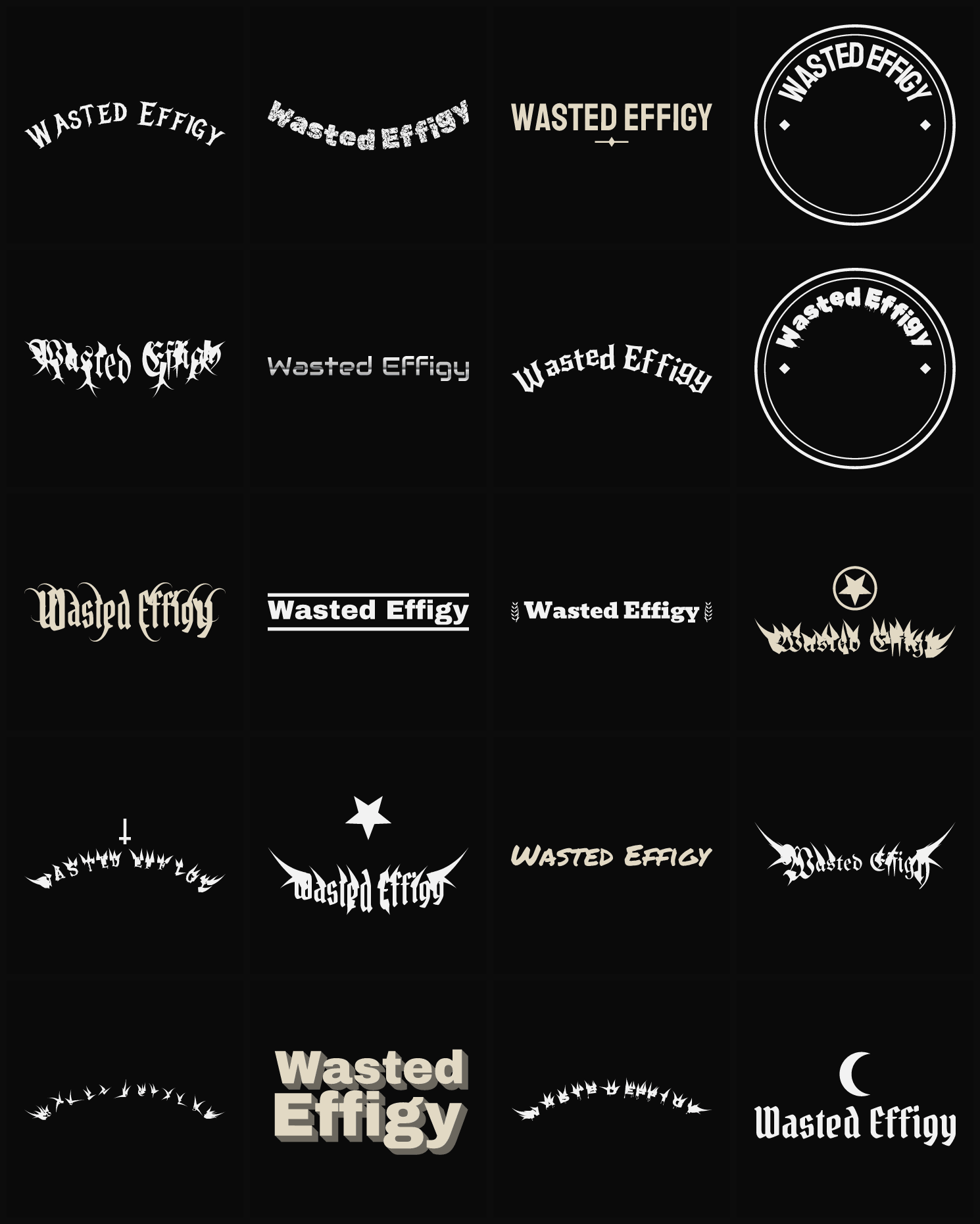 Twenty Wasted Effigy band logo ideas — different faces, treatments and spike settings