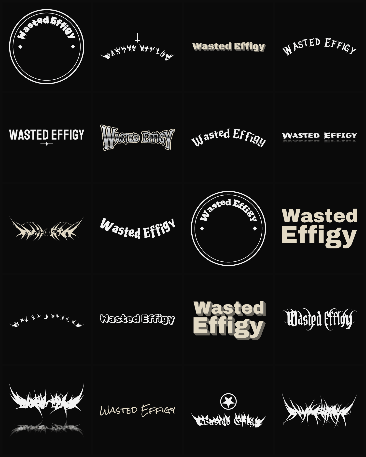 Twenty Wasted Effigy band logo ideas — different faces, treatments and spike settings