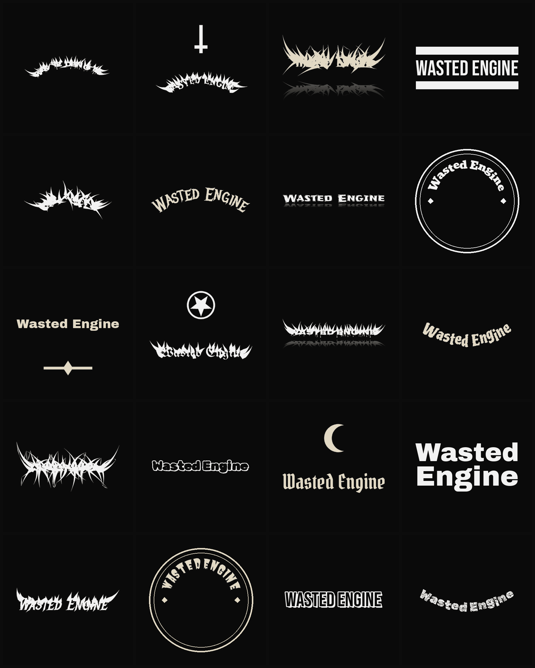 Twenty Wasted Engine band logo ideas — different faces, treatments and spike settings