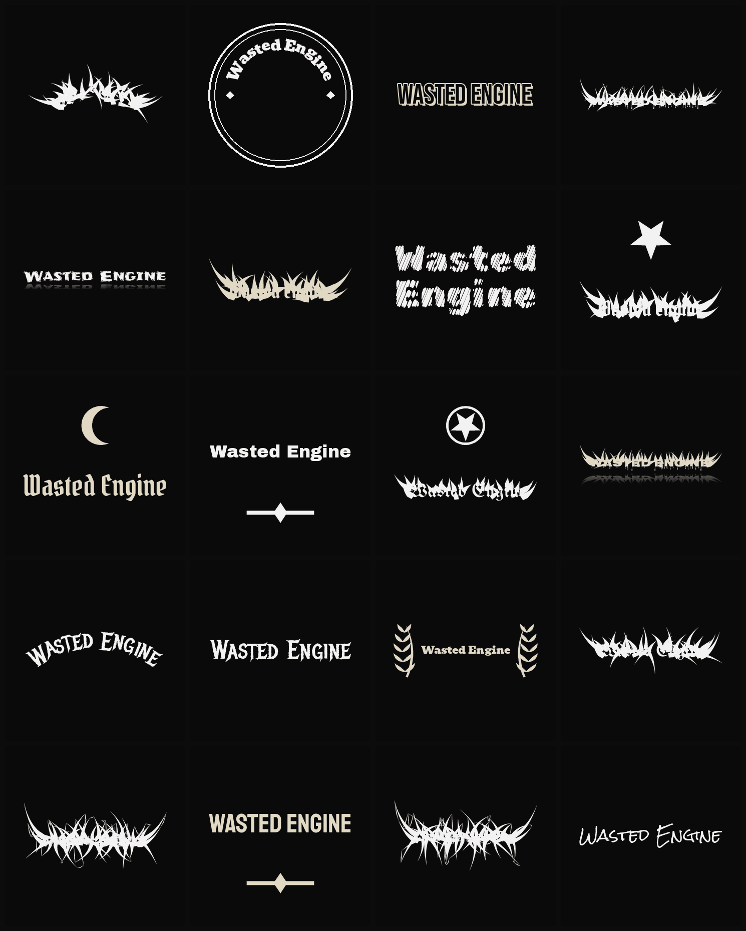 Twenty Wasted Engine band logo ideas — different faces, treatments and spike settings