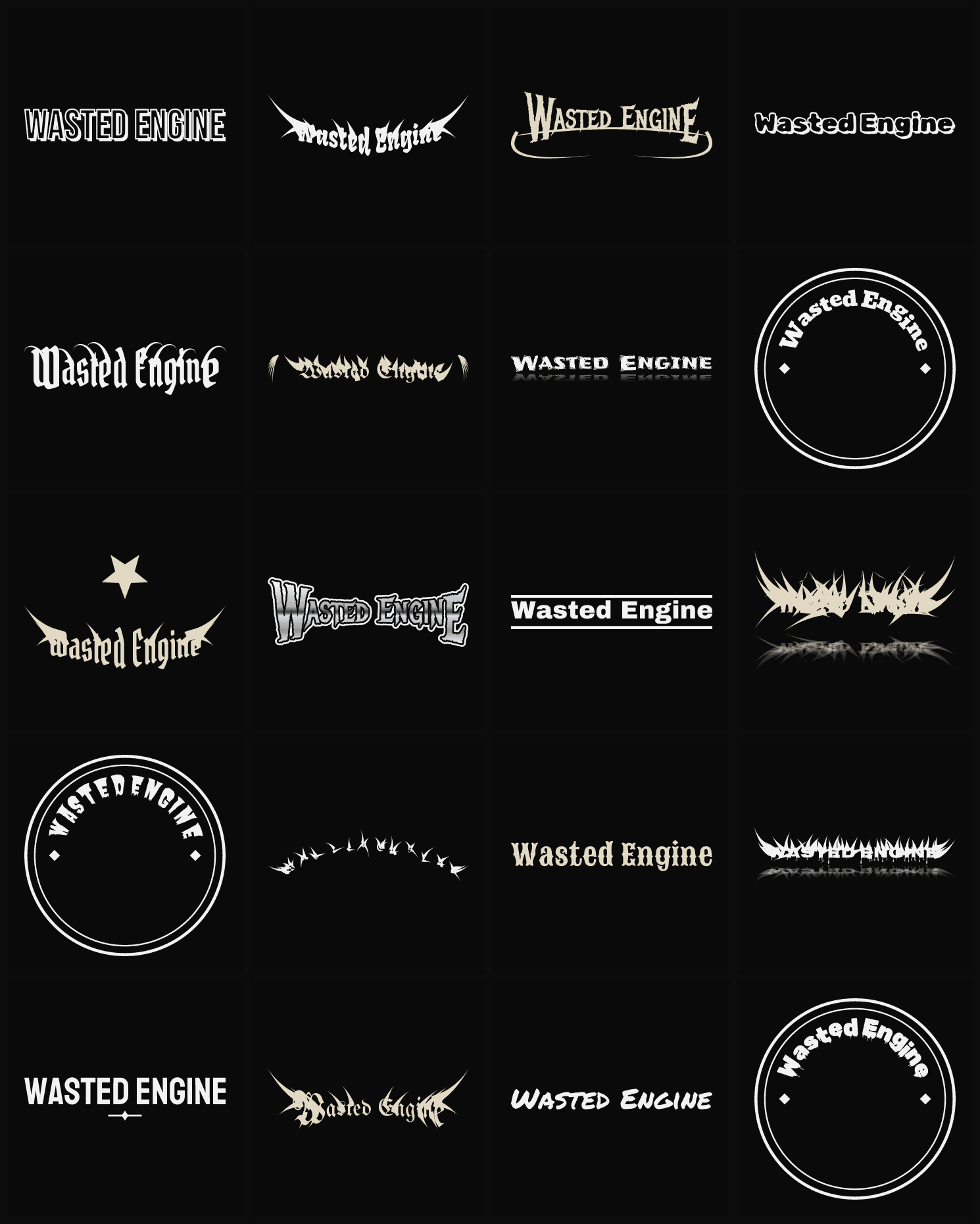 Twenty Wasted Engine band logo ideas — different faces, treatments and spike settings