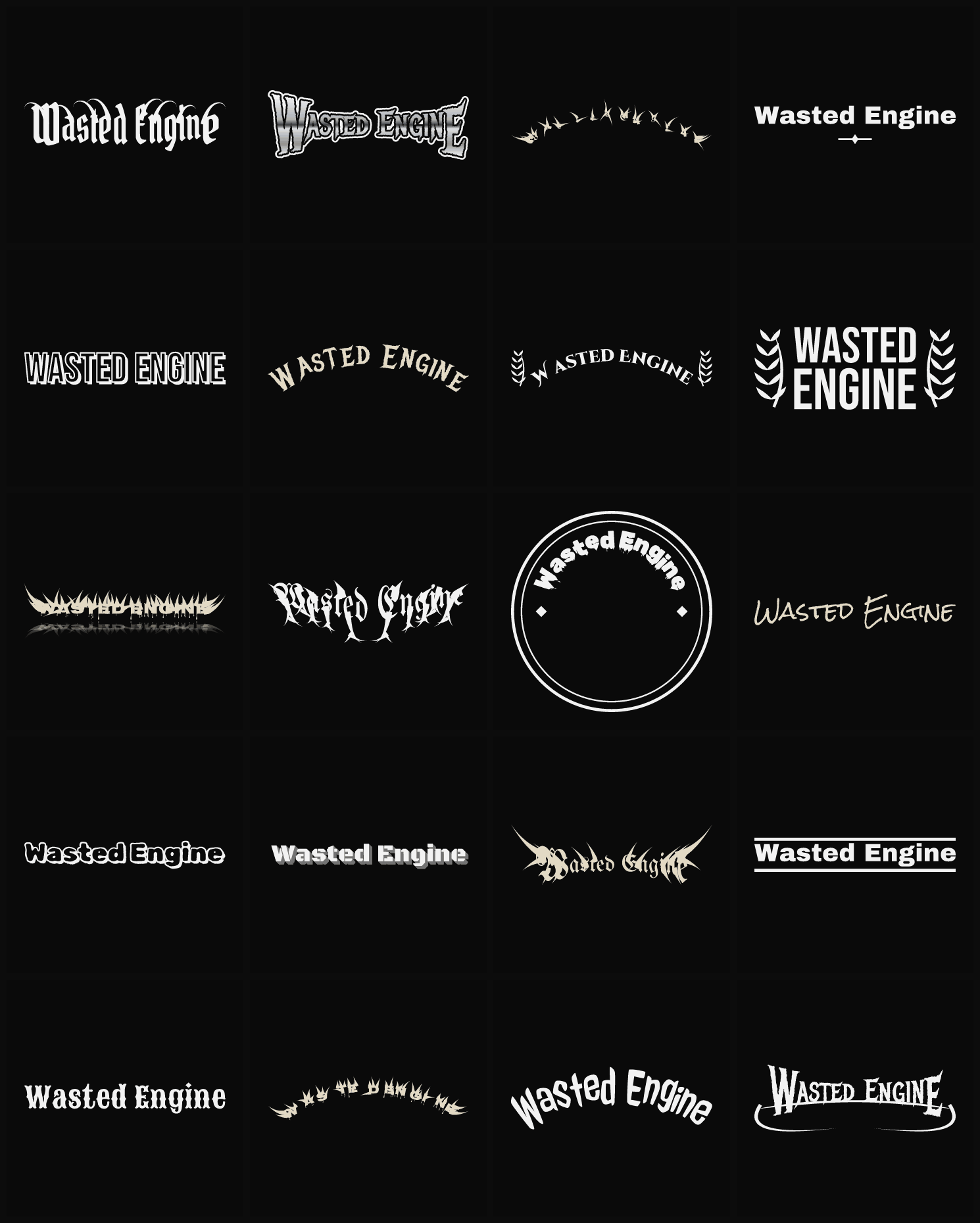 Twenty Wasted Engine band logo ideas — different faces, treatments and spike settings