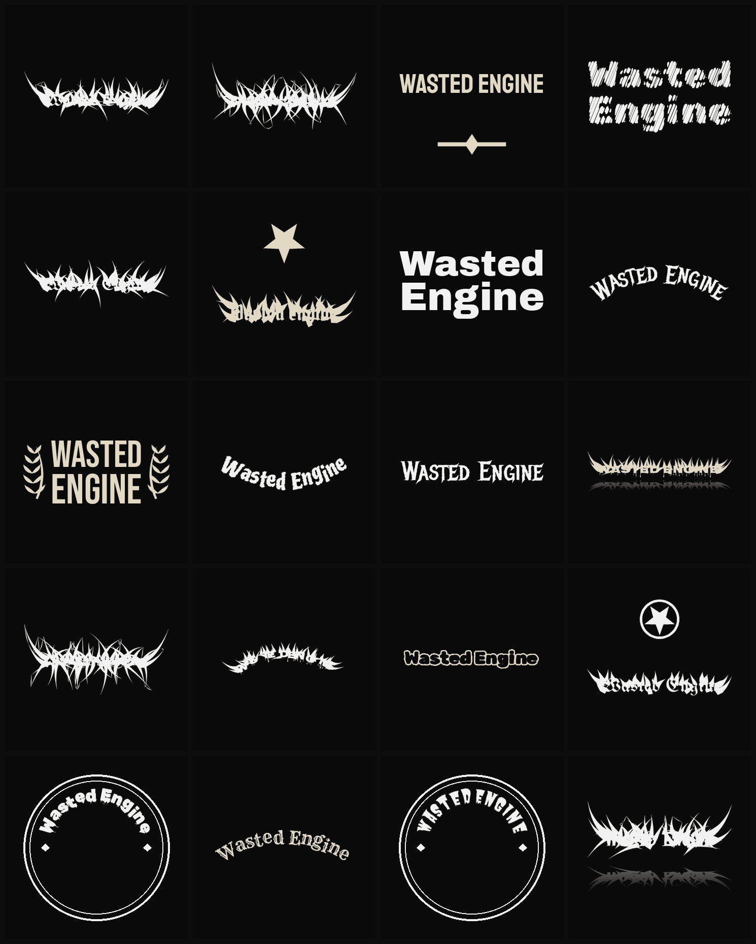 Twenty Wasted Engine band logo ideas — different faces, treatments and spike settings