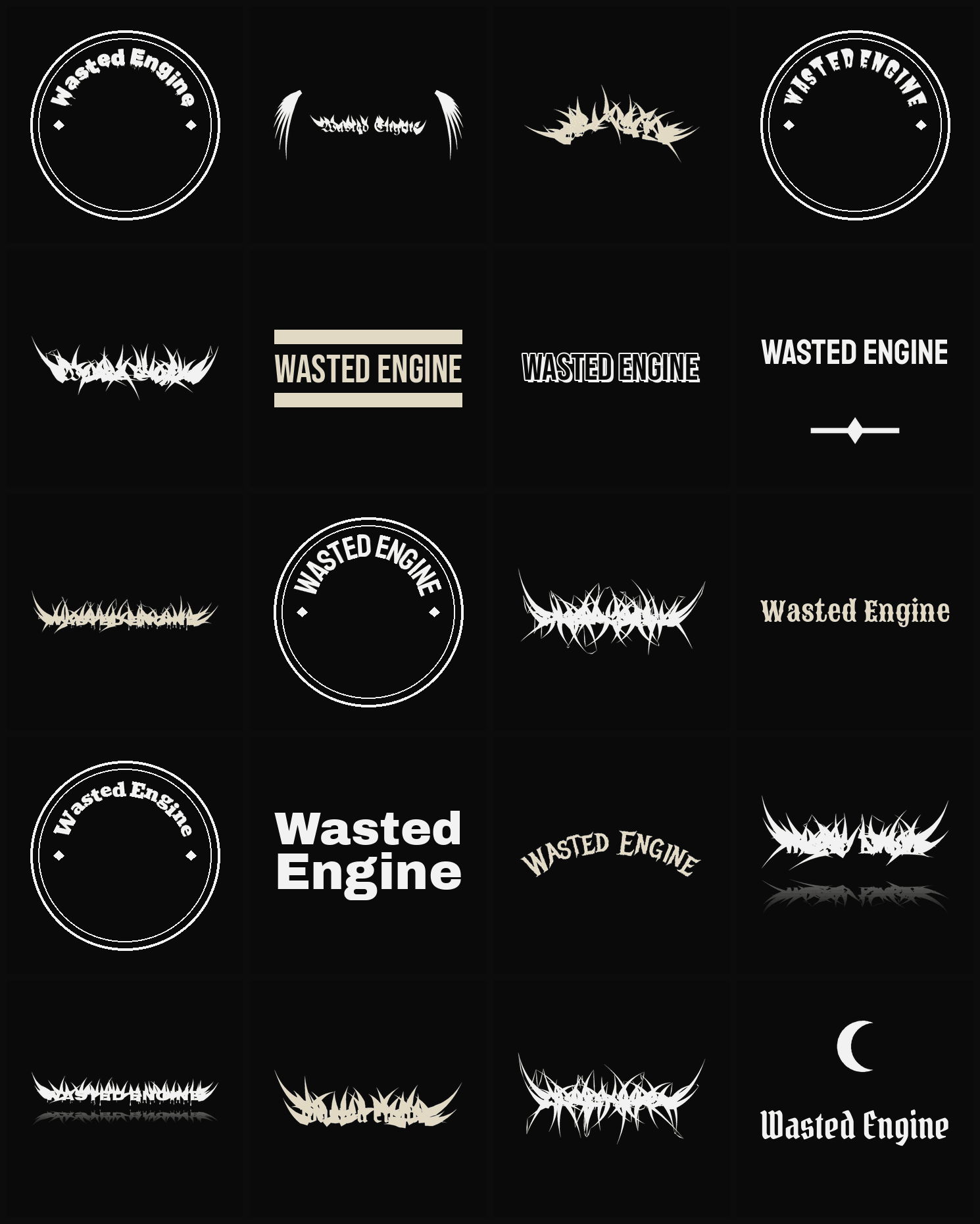 Twenty Wasted Engine band logo ideas — different faces, treatments and spike settings