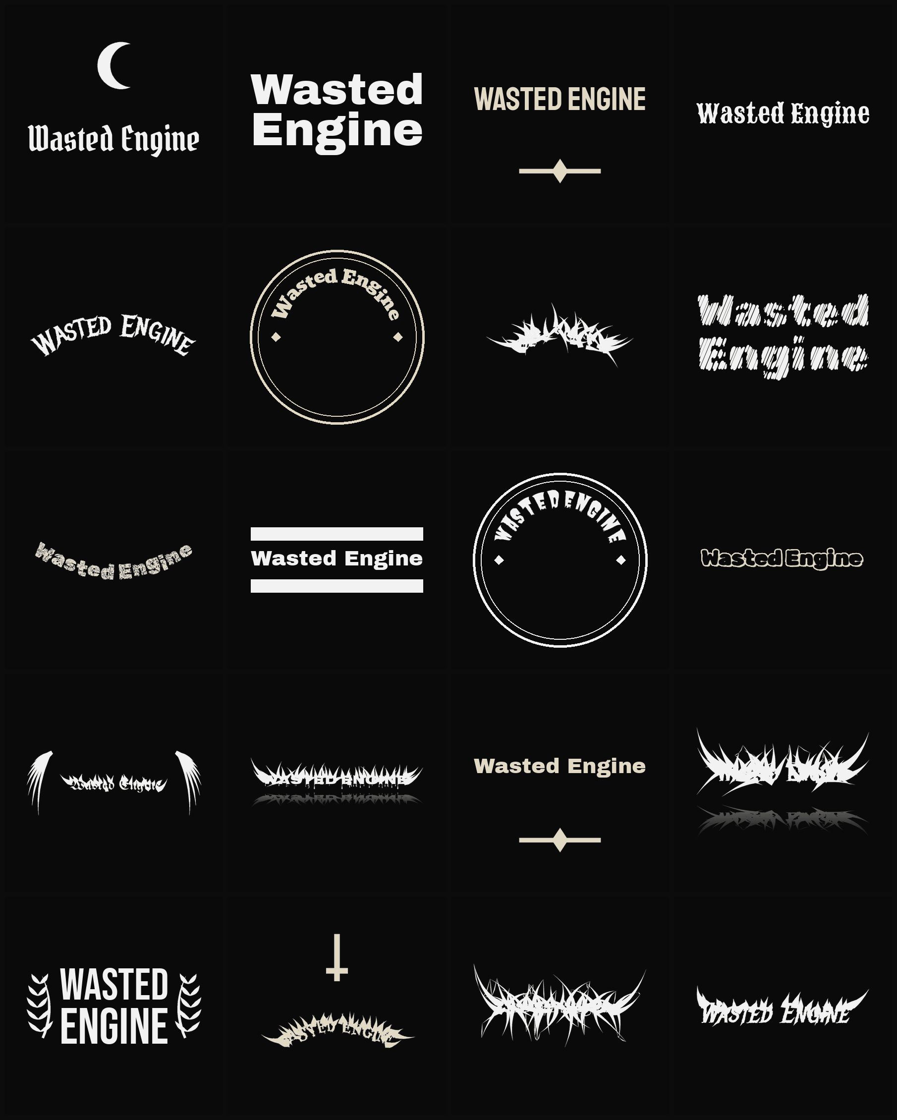 Twenty Wasted Engine band logo ideas — different faces, treatments and spike settings