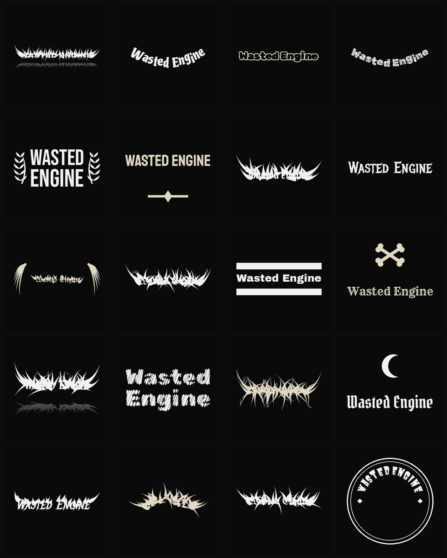 Twenty Wasted Engine band logo ideas — different faces, treatments and spike settings
