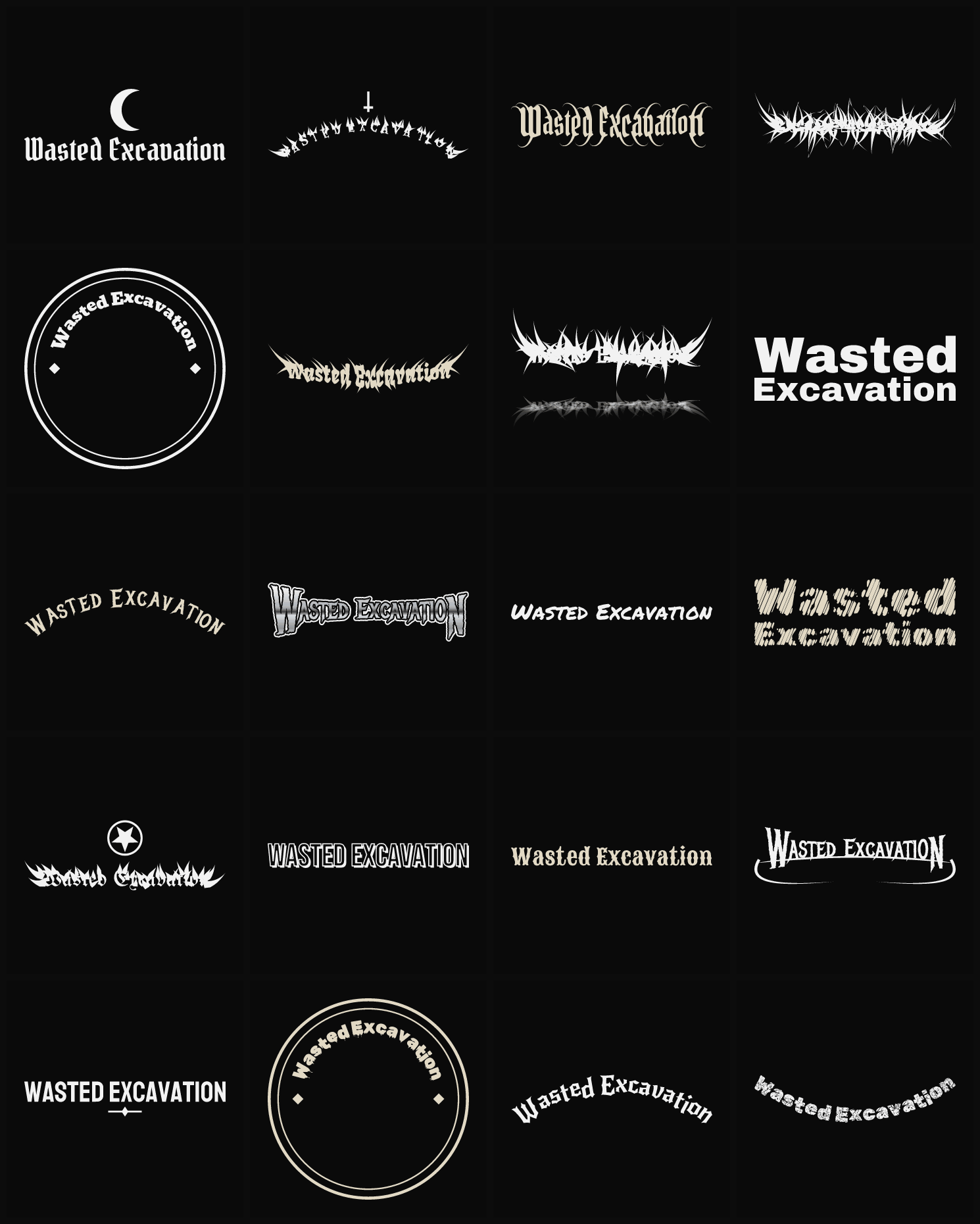 Twenty Wasted Excavation band logo ideas — different faces, treatments and spike settings