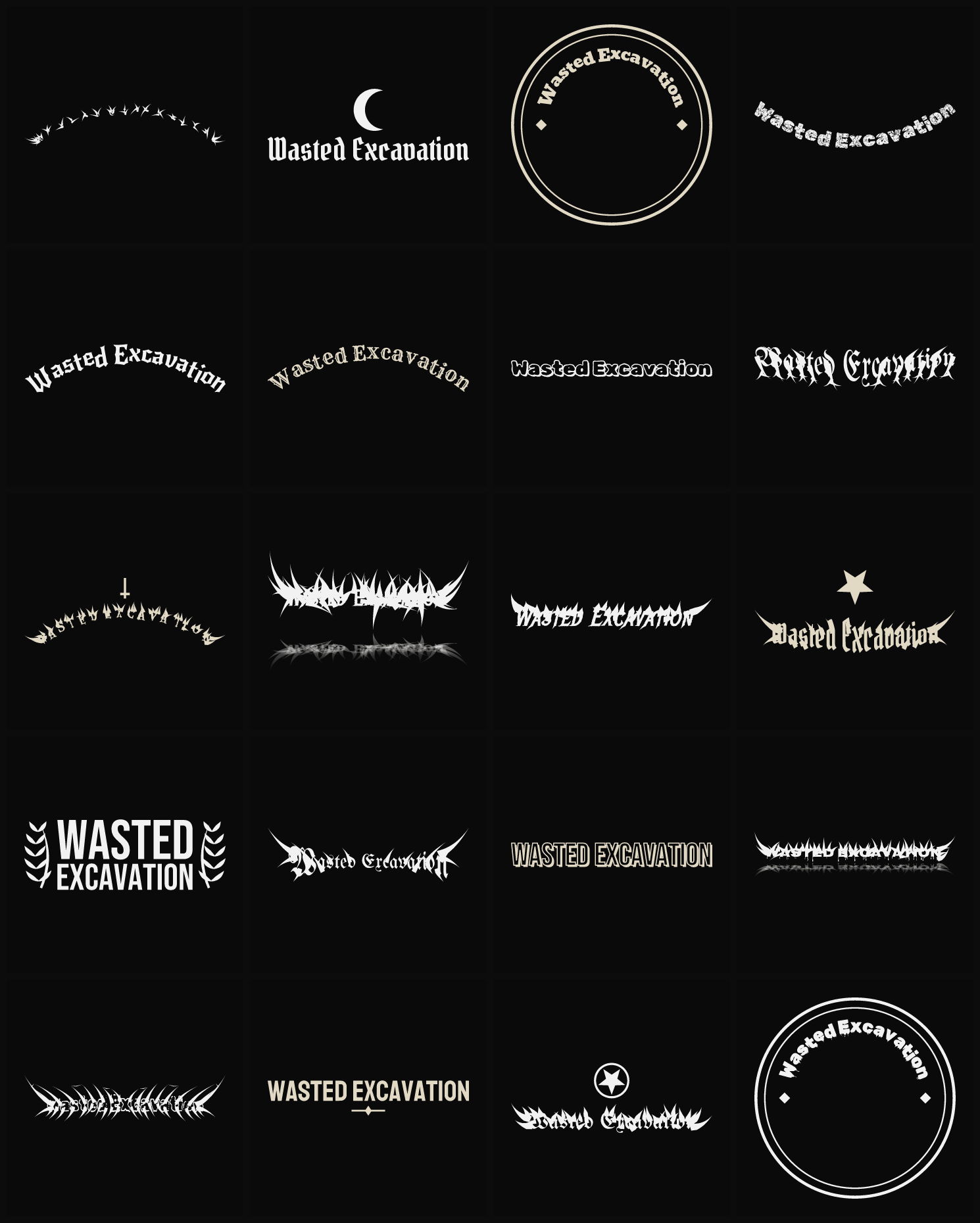 Twenty Wasted Excavation band logo ideas — different faces, treatments and spike settings