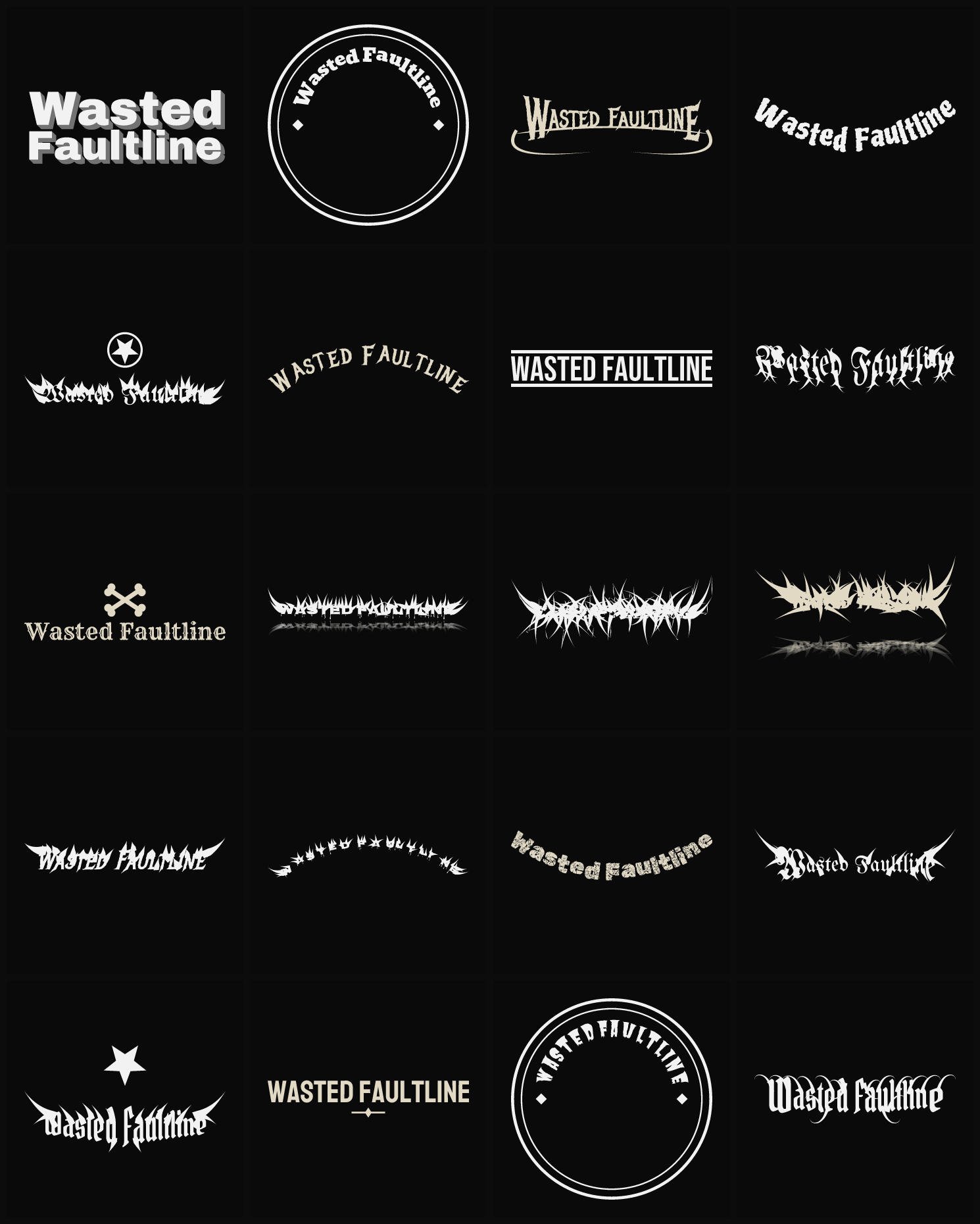 Twenty Wasted Faultline band logo ideas — different faces, treatments and spike settings