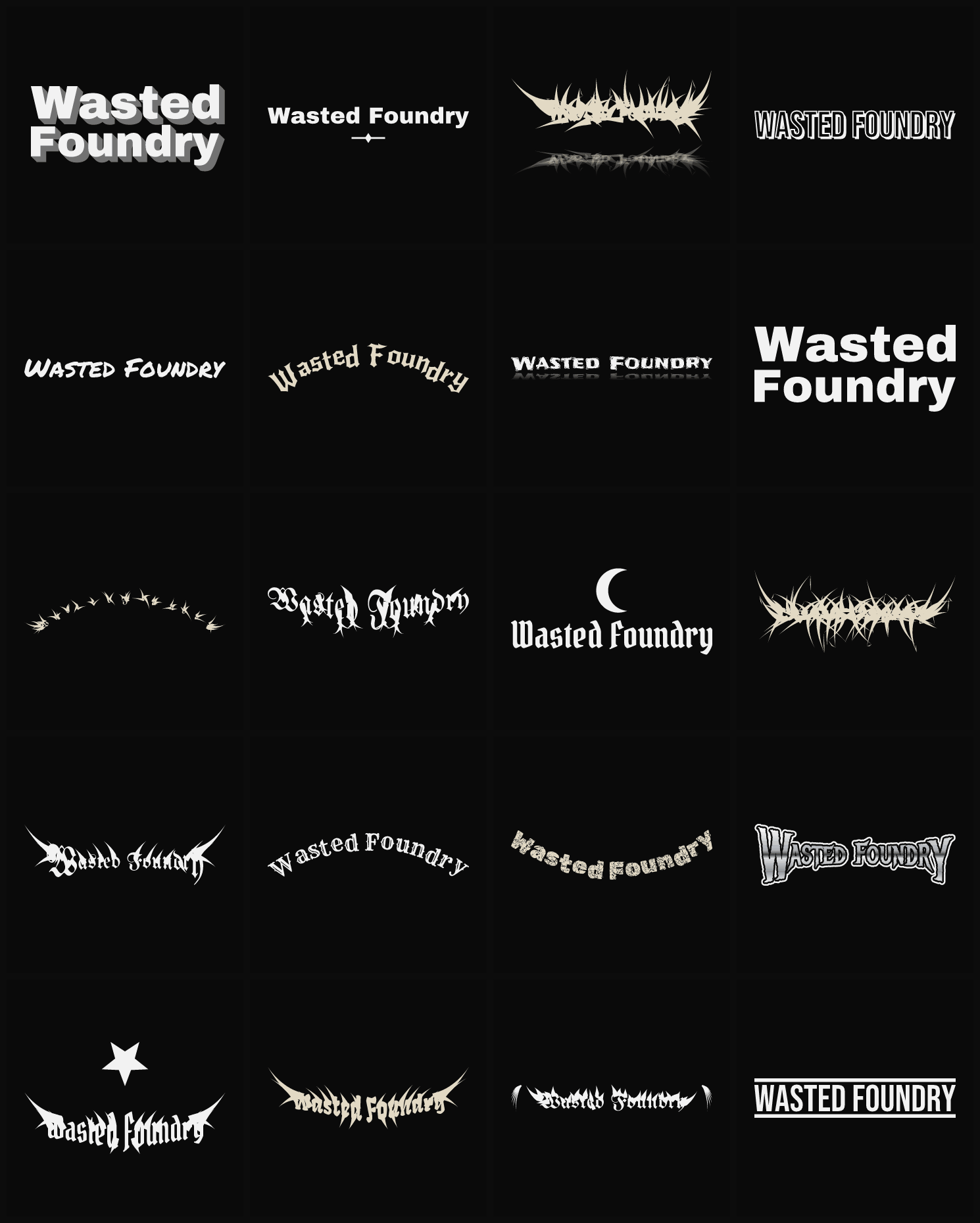 Twenty Wasted Foundry band logo ideas — different faces, treatments and spike settings