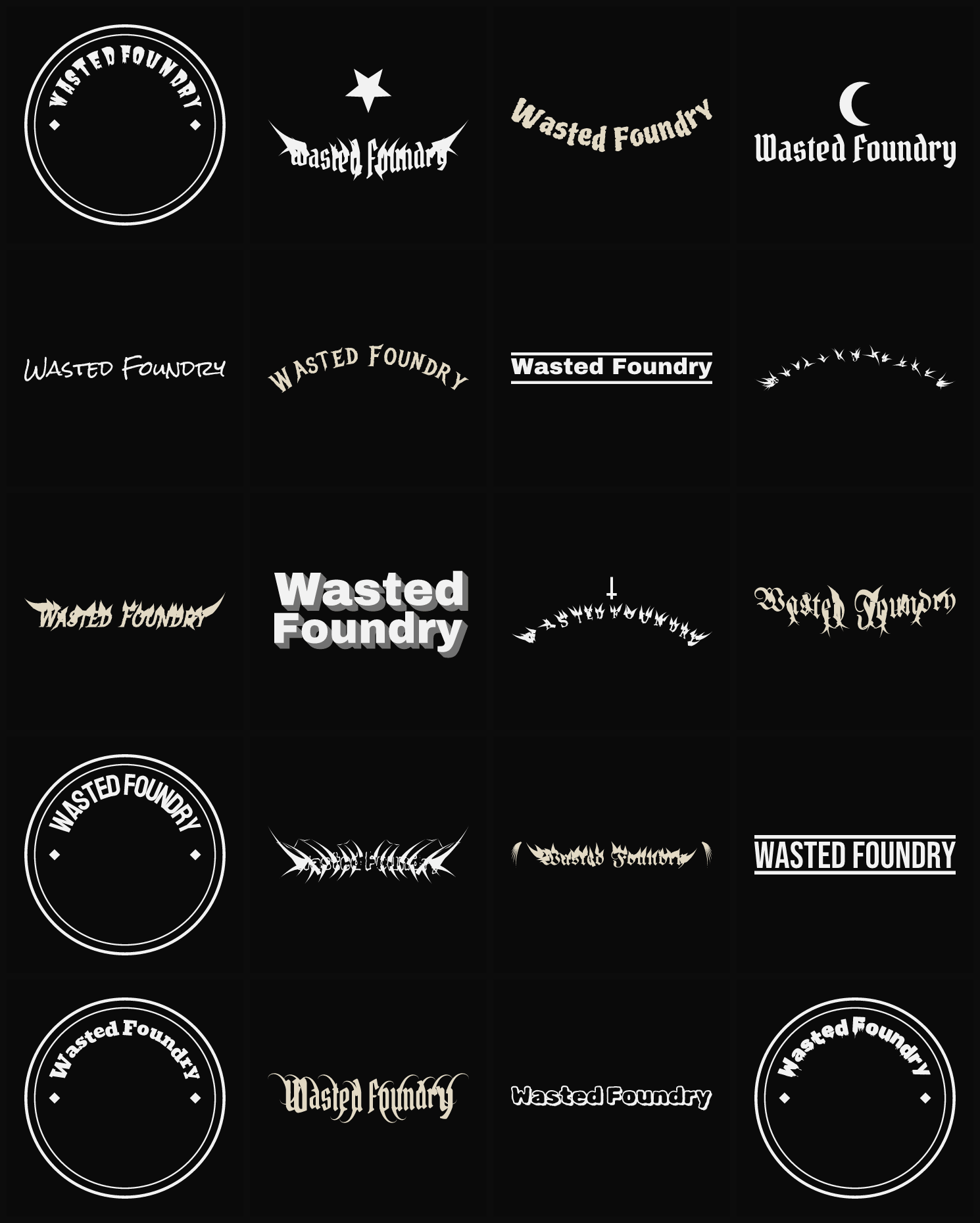 Twenty Wasted Foundry band logo ideas — different faces, treatments and spike settings