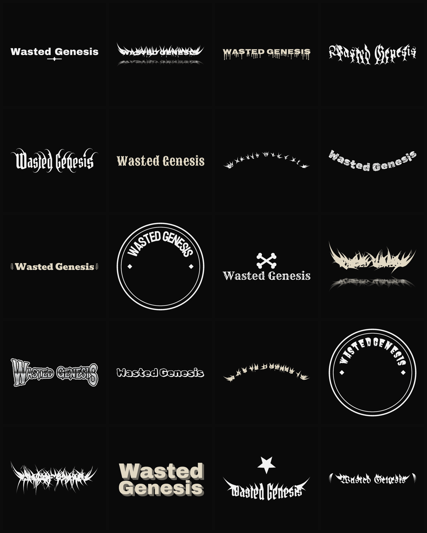 Twenty Wasted Genesis band logo ideas — different faces, treatments and spike settings
