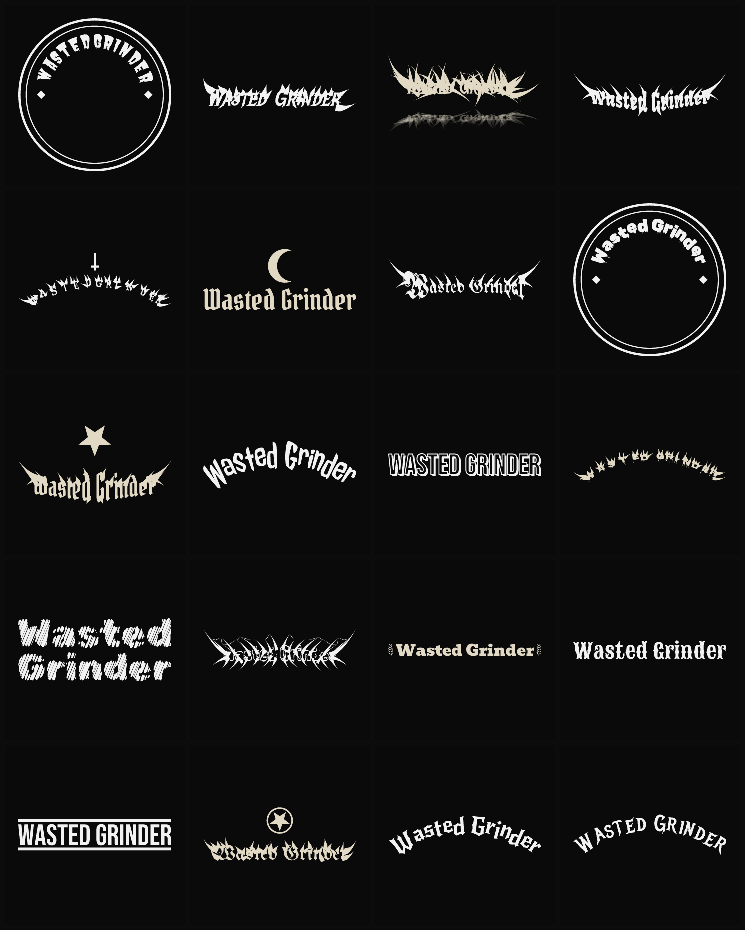 Twenty Wasted Grinder band logo ideas — different faces, treatments and spike settings