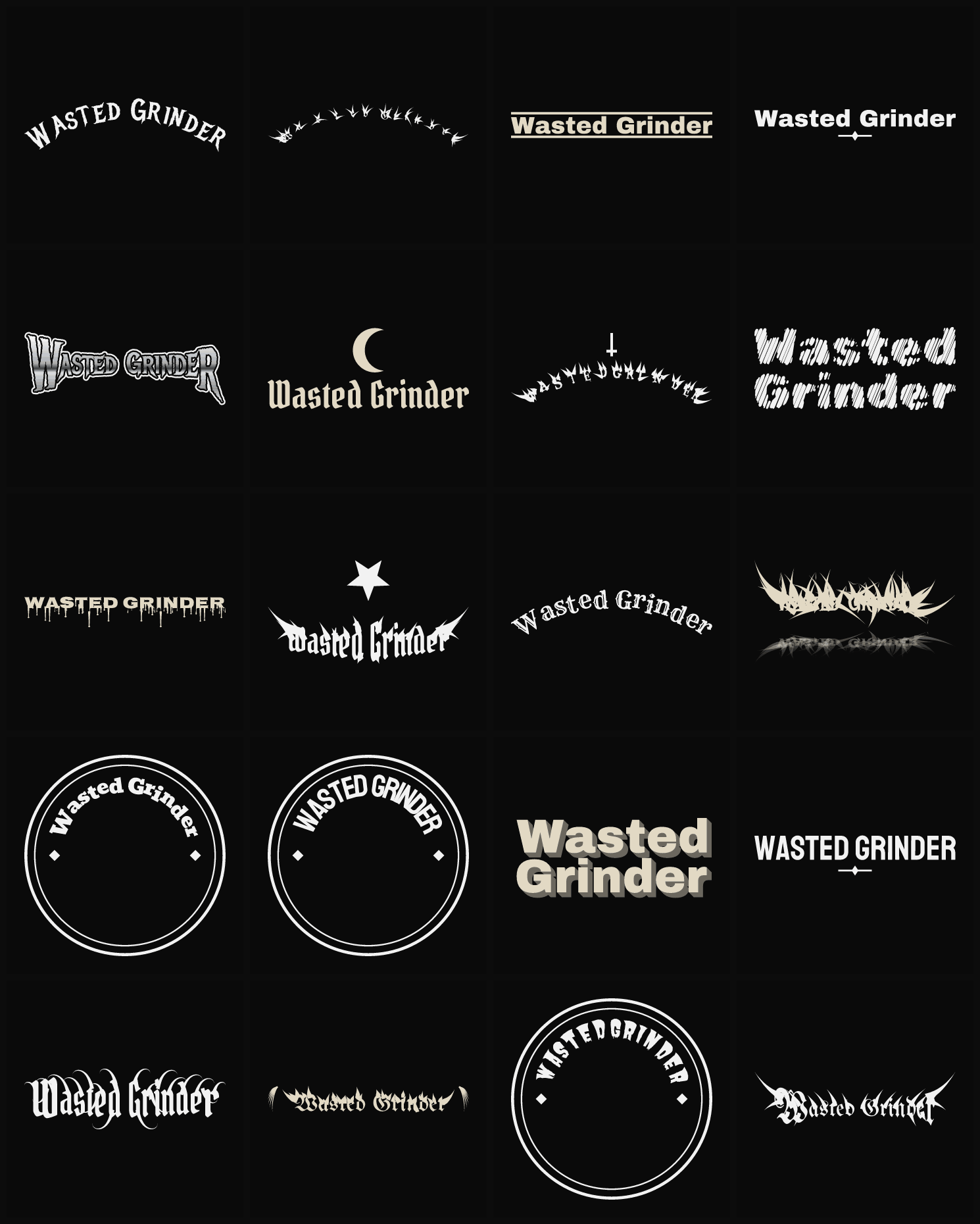 Twenty Wasted Grinder band logo ideas — different faces, treatments and spike settings