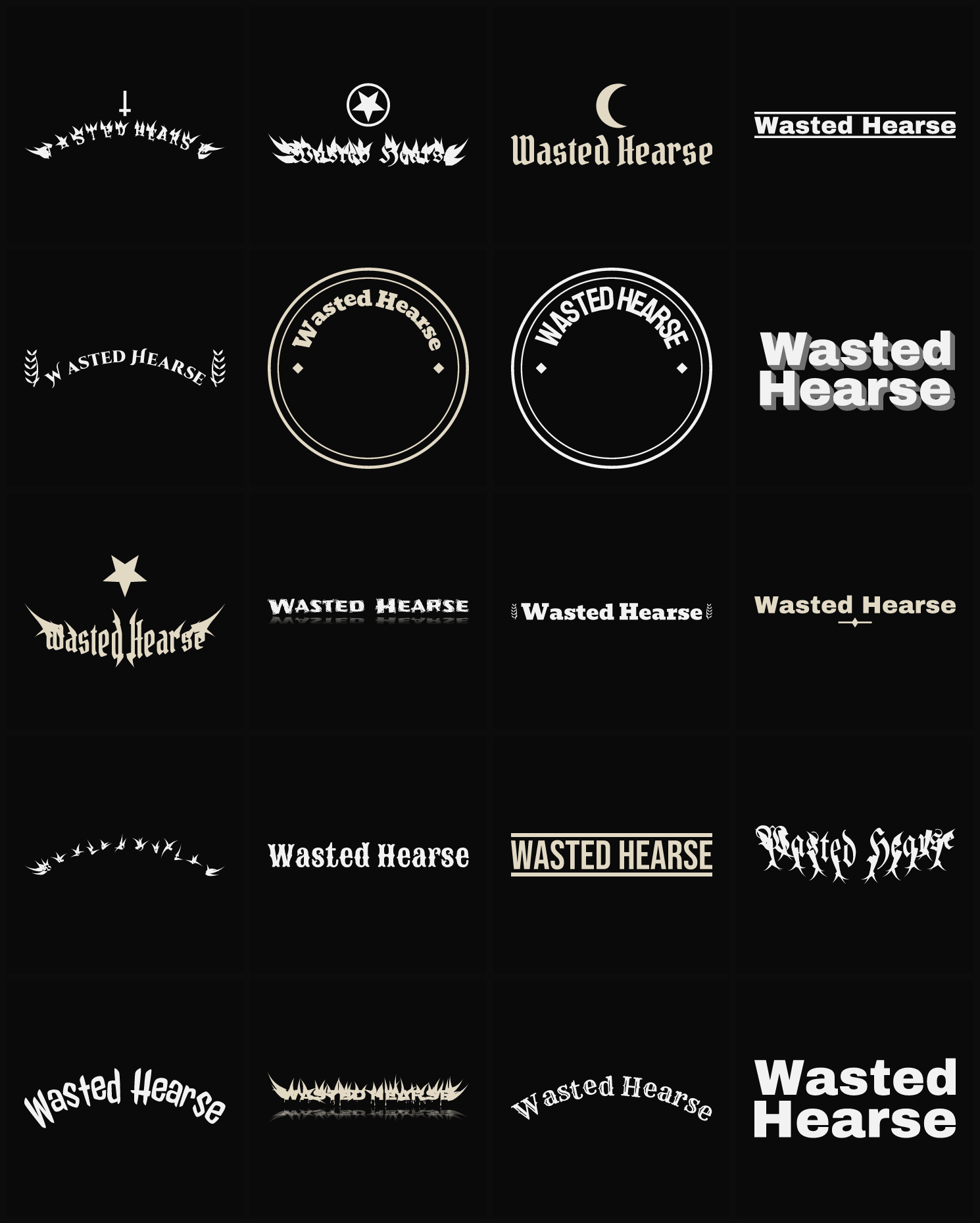 Twenty Wasted Hearse band logo ideas — different faces, treatments and spike settings