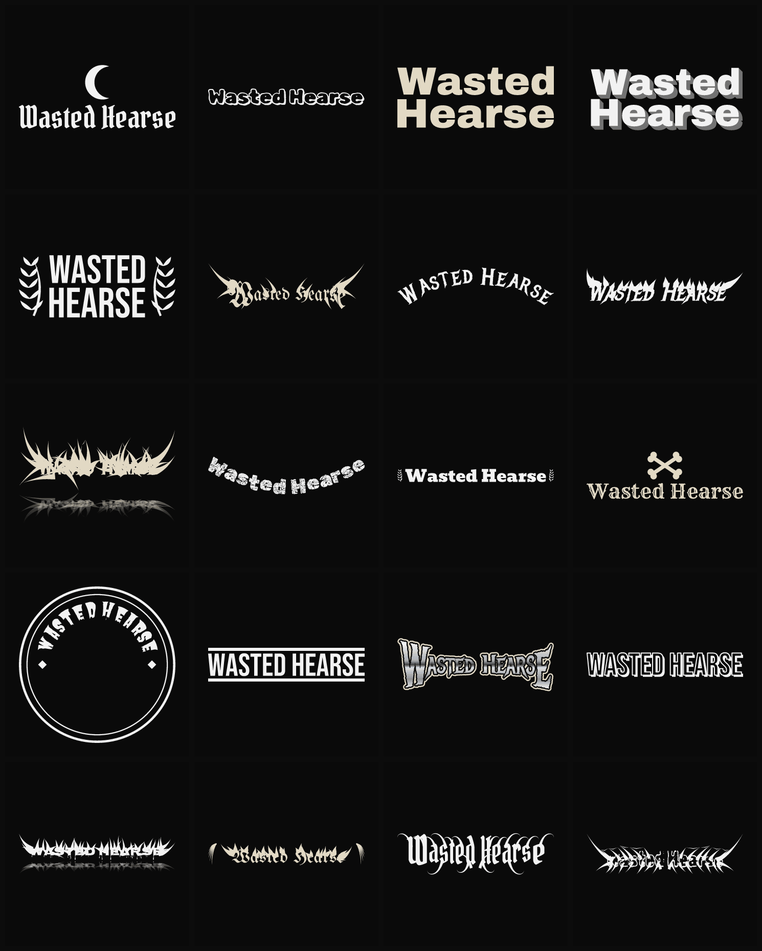Twenty Wasted Hearse band logo ideas — different faces, treatments and spike settings