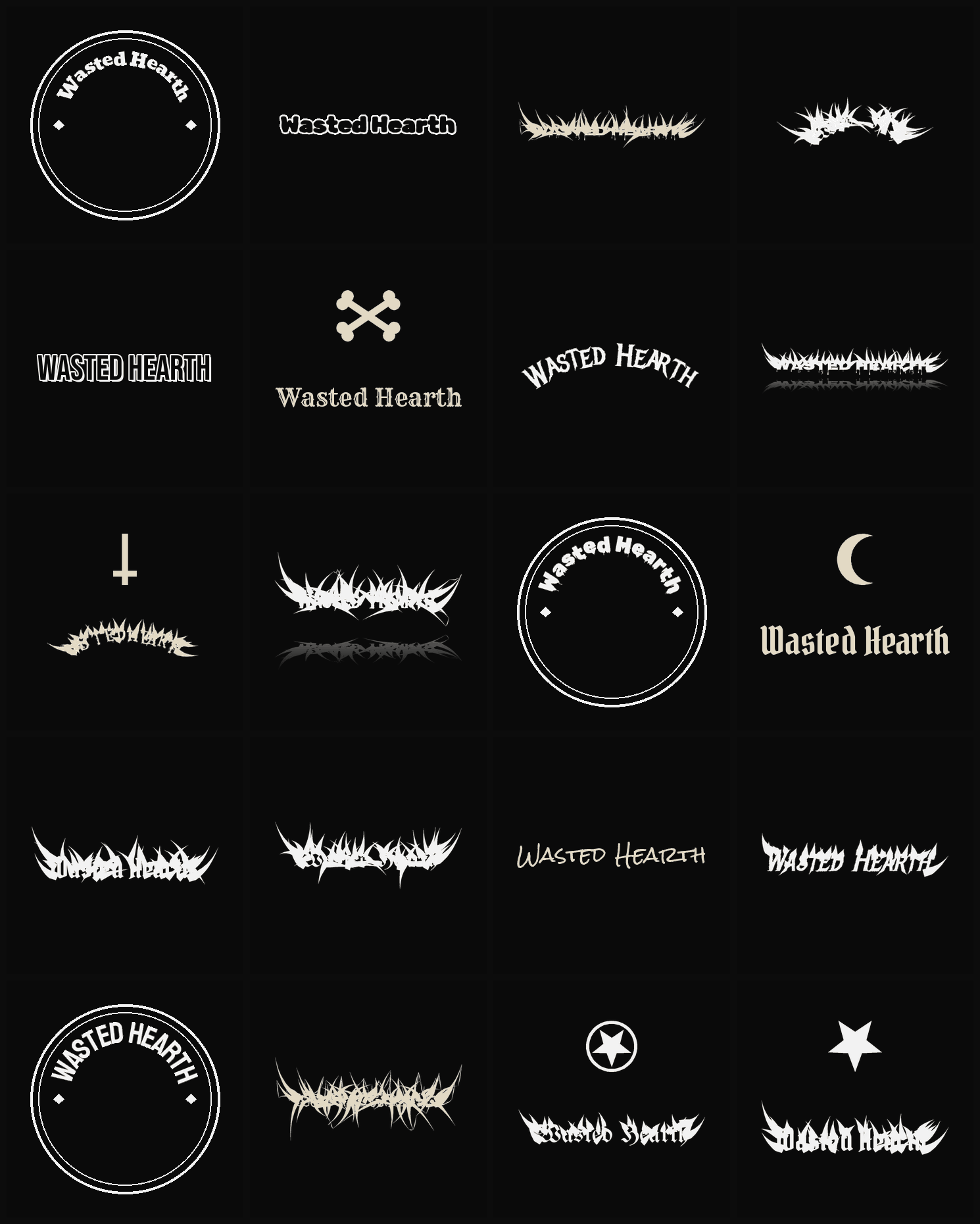 Twenty Wasted Hearth band logo ideas — different faces, treatments and spike settings