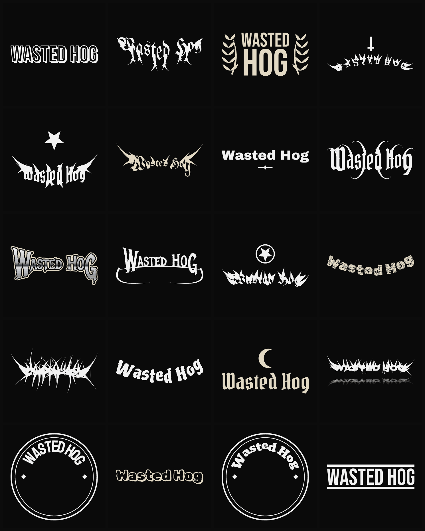 Twenty Wasted Hog band logo ideas — different faces, treatments and spike settings