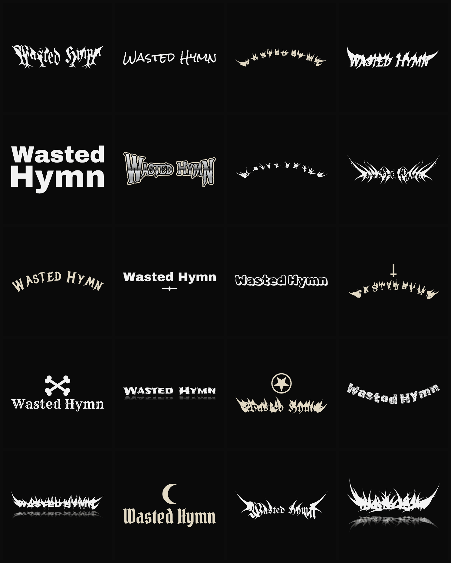 Twenty Wasted Hymn band logo ideas — different faces, treatments and spike settings