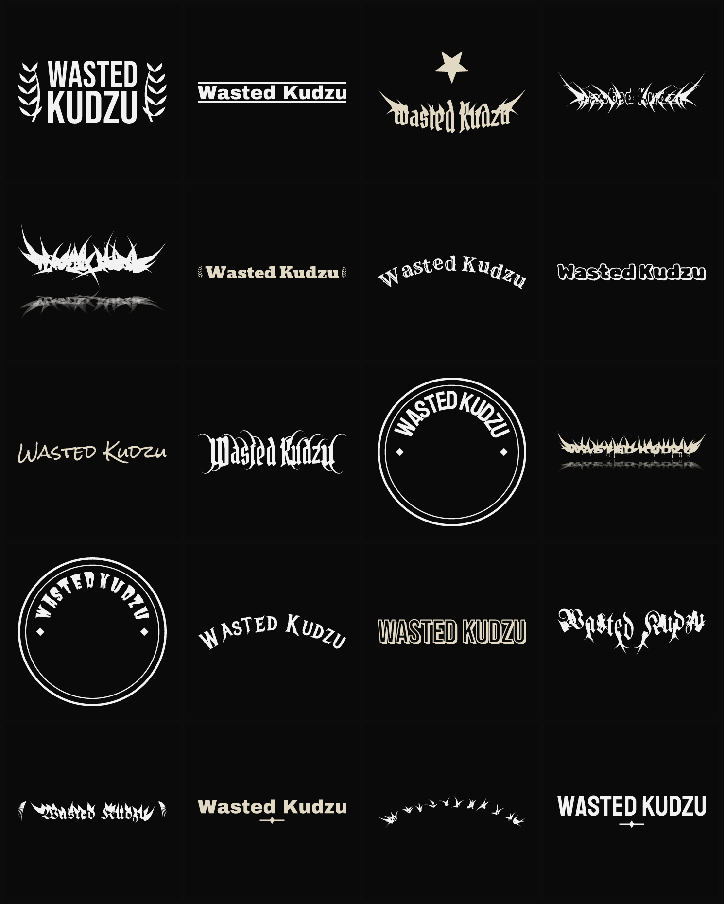 Twenty Wasted Kudzu band logo ideas — different faces, treatments and spike settings