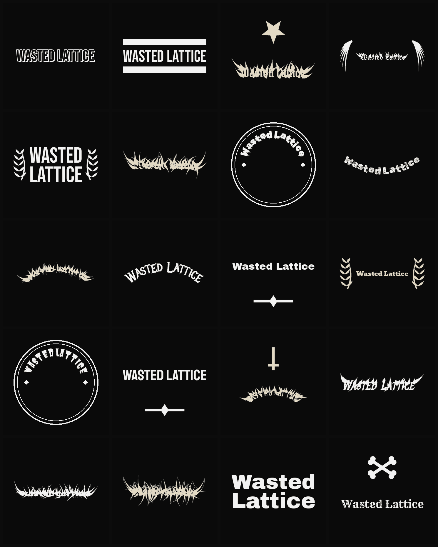 Twenty Wasted Lattice band logo ideas — different faces, treatments and spike settings