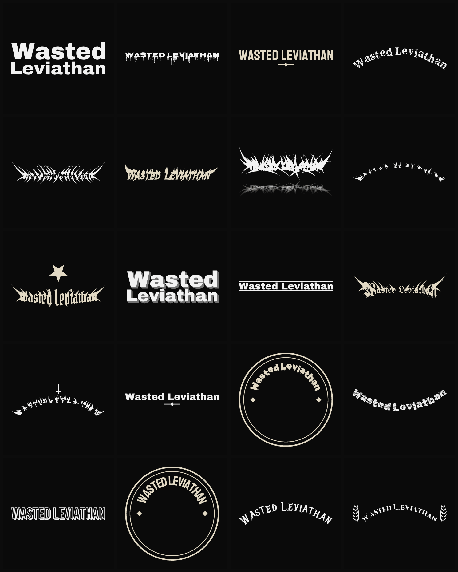 Twenty Wasted Leviathan band logo ideas — different faces, treatments and spike settings