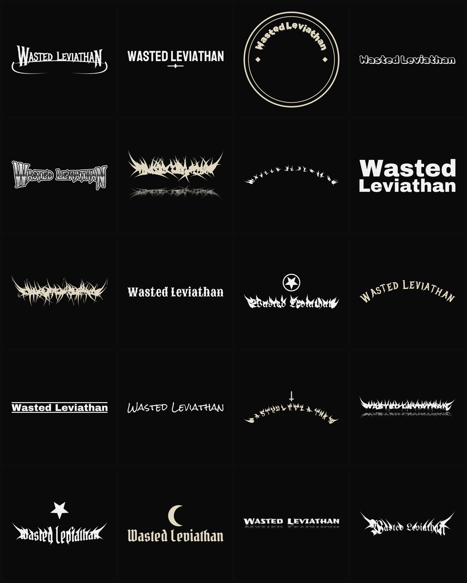 Twenty Wasted Leviathan band logo ideas — different faces, treatments and spike settings