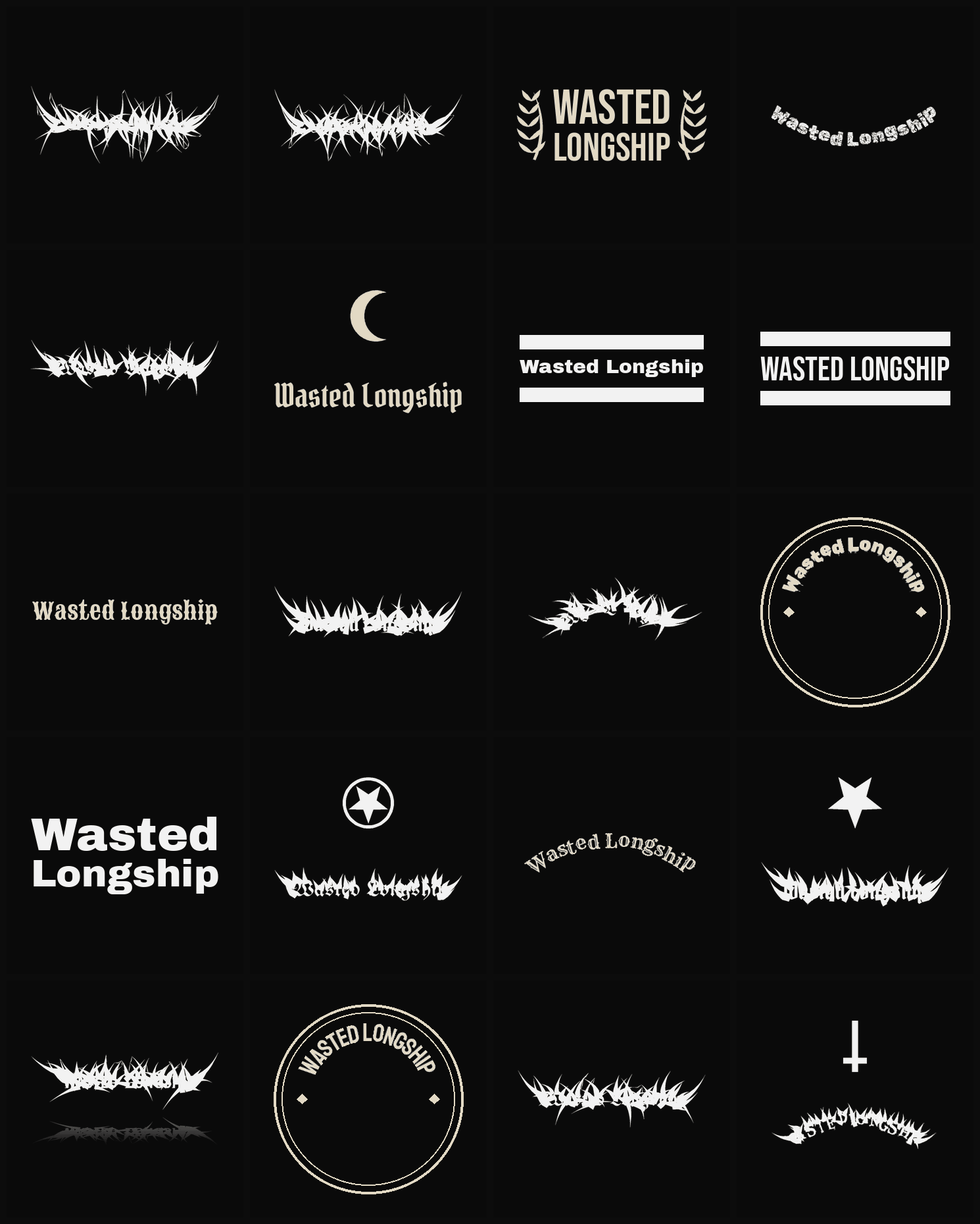 Twenty Wasted Longship band logo ideas — different faces, treatments and spike settings