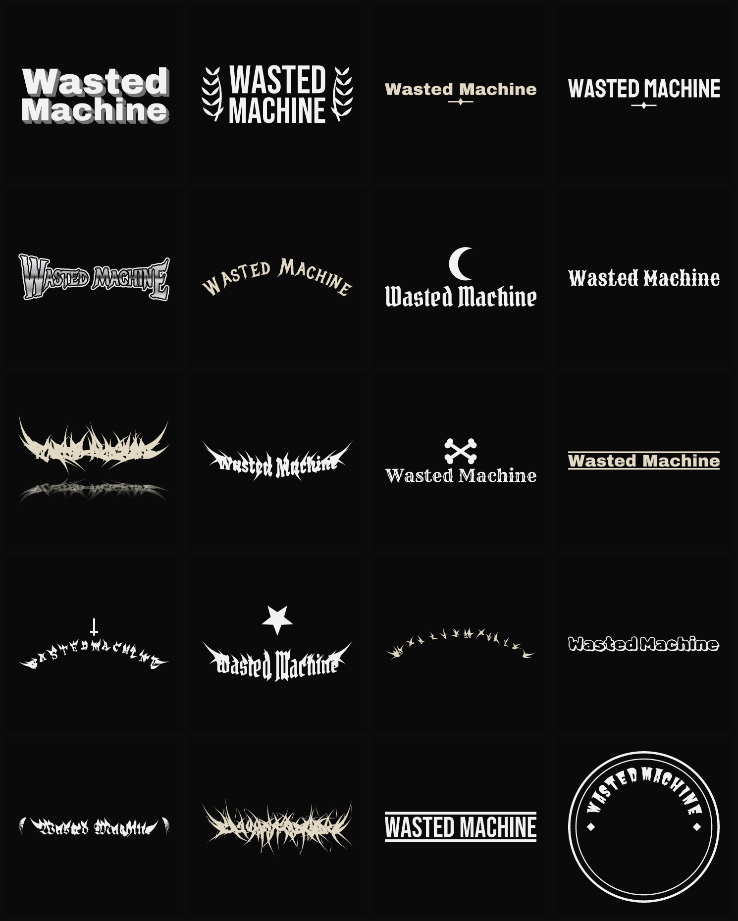 Twenty Wasted Machine band logo ideas — different faces, treatments and spike settings