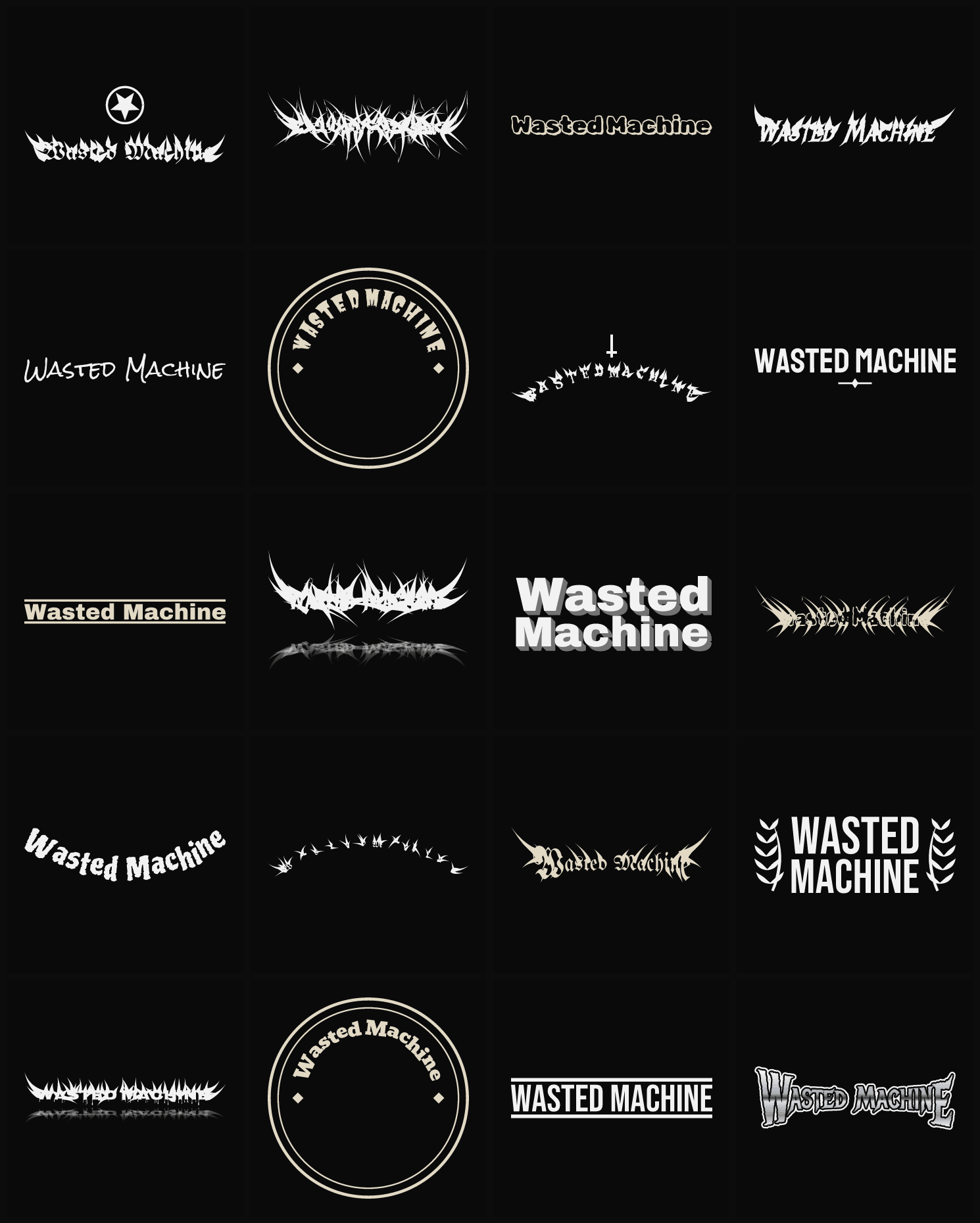 Twenty Wasted Machine band logo ideas — different faces, treatments and spike settings